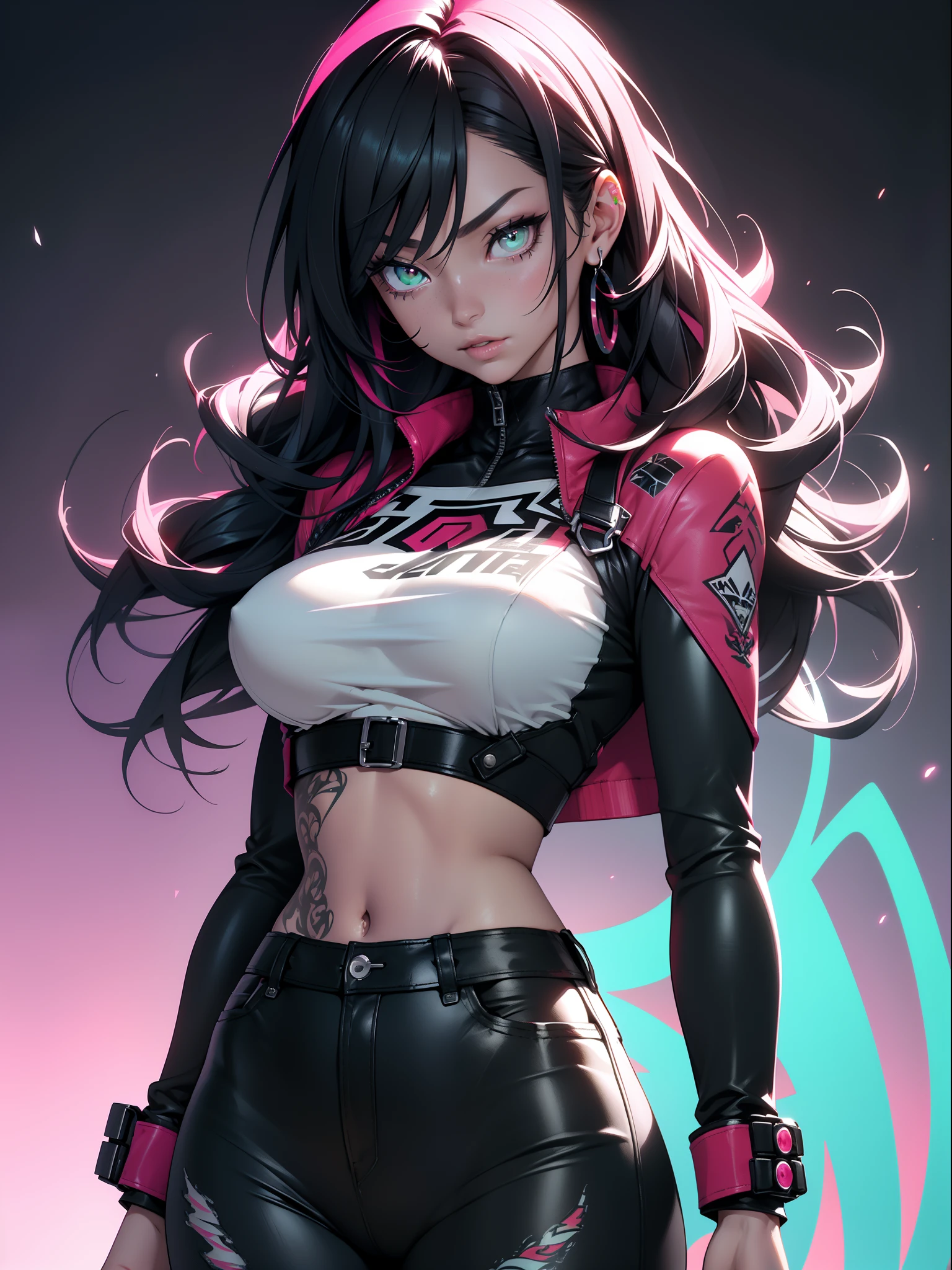 background, mixed-language_text, Japanese letters in graffit, ashley alexiss beautiful woman, long black hair, excellent lighting, sidelighting, perfect ultimate (flat color pink bubblegum gradient: 1.3), (magazine_cover: 1.4), (multicolored_background: 1.3), striped_background, card_background, :: discs with sharp and shiny blades in hand :: circular pieces of white metals glued to the ultra detailed arms coming out sparkling glow, black star design stamped in the middle of the t-shirt, perfect and detailed sculptural body, ultra detailed shirt with abstract design and with Japanese letter print in grafit of the sides of the clothing, worn jeans, big breast, with immersive effects, hover effect, background graffiti style flowers with flowers and vibrant colors, "ultra" hdr detailed and with focus effect, (masterpiece: 1.2, best quality), (beautiful emerald yellow eyes with huge finely detailed eyelashes: 1.2), , ((Solo)), (Finely detailed eyes and detailed face:1.3),beautiful ultra-detailed eyes, lineart light smile, graffiti and tattoo style backdrop, woman, alone. midriff, skintight bodysuit with detailed tattoo-style print, ultra-detailed red gradient leather jacket, hot thighs, black skintight pants with ultra-detailed white and pink detailing, large breasts, ultra-detailed bracelets on arms, , bracelet on right arm with ultra bright red energy