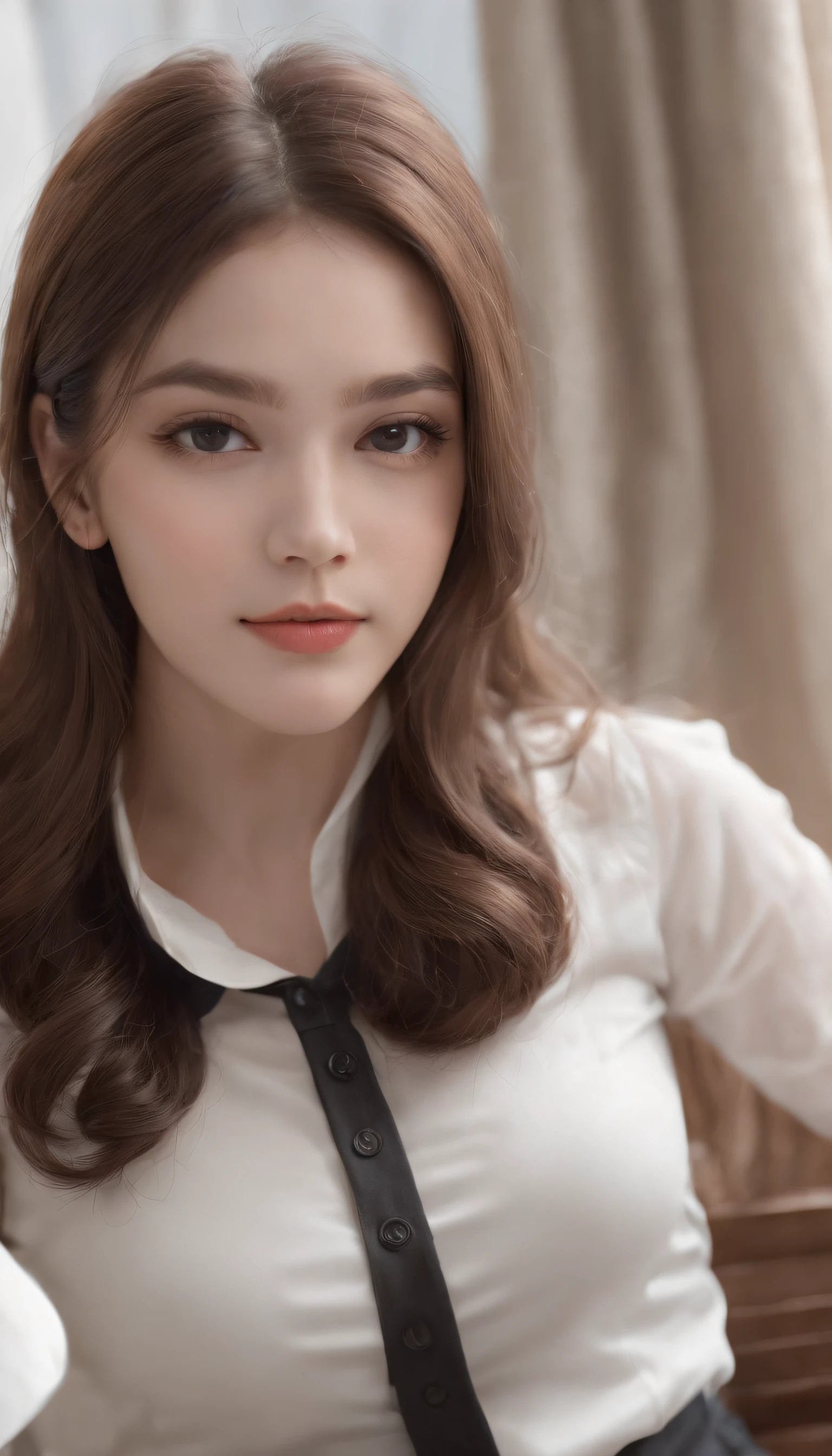High quality,tmasterpiece,超A high resolution,(Photorealsitic),(realisticlying:1.4),RAW photogr,Full body photo of the girl,inside in room,sit on chair,Legs crossed),Good looking face,Slim,Dignified,Small Fresh,(blouse with a white collar,black short skirt),ssmile,cabelos preto e longos,Beautiful hair accessories,Beautiful teenage girl,detailed scene, Beautiful digital illustrations, detaileds,ultra - detailed, Cinematic quality, (Beauty and aesthetics,big breasts beautiful),correct hand
