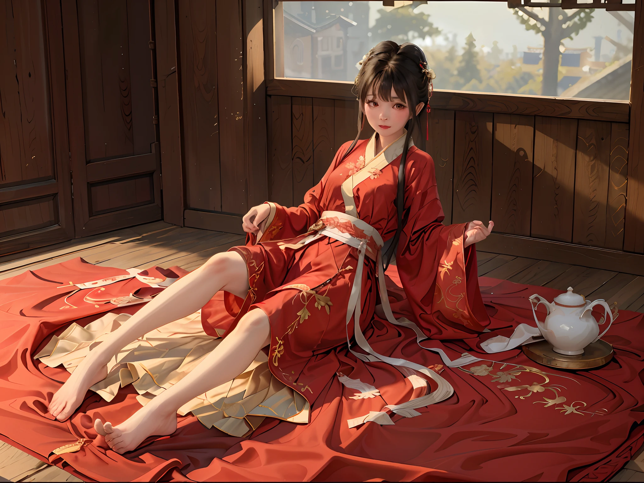 There was a woman in a red dress sitting on a red blanket, Palace ， A girl in Hanfu, Wearing ancient Chinese clothes, wearing gilded red robes, Hanfu, with acient chinese clothes, trending on cgstation, by Yang J, Red robe, Traditional beauty, Guviz, lovely languid princess, fully clothed in red robes