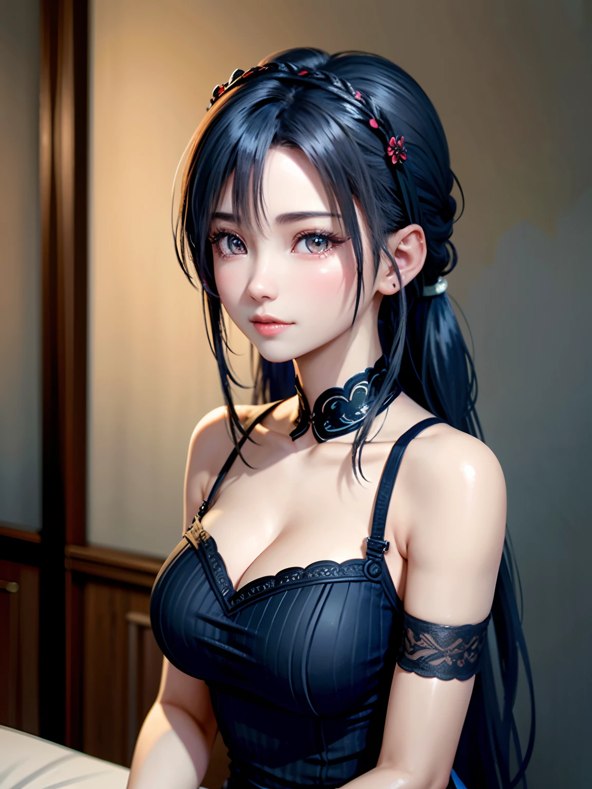 Close up portrait of blue-haired woman in black dress,Braided hair、 with black pigtails, gorgeous chinese model, goddess of Japan, Beautiful Asian Girl, real life anime girl, Anime girl cosplay, Traditional beauty, trending at cgstation, Seductive Anime Girl, beautiful goddess, a beautiful fantasy empress, young and cute girl, Good young girl, very beautiful cute catgirl