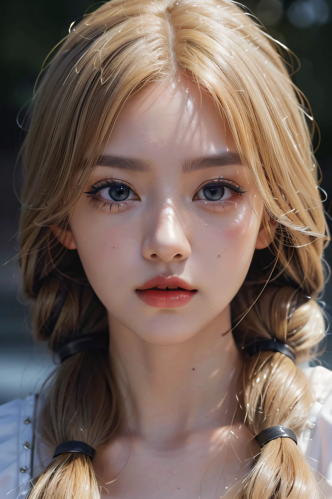 (8k, 4k, best quality, highres, ultra high res:1.1), (masterpiece, realistic, photo-realistic:1.1), 1girl, face, close-up, twintails, blonde hair, black eyes, red lips, (looking at viewer:2), absurdly long hair, long eyelashes, eyeshadow, small face, big eyes, bare shoulders, high contrast.
