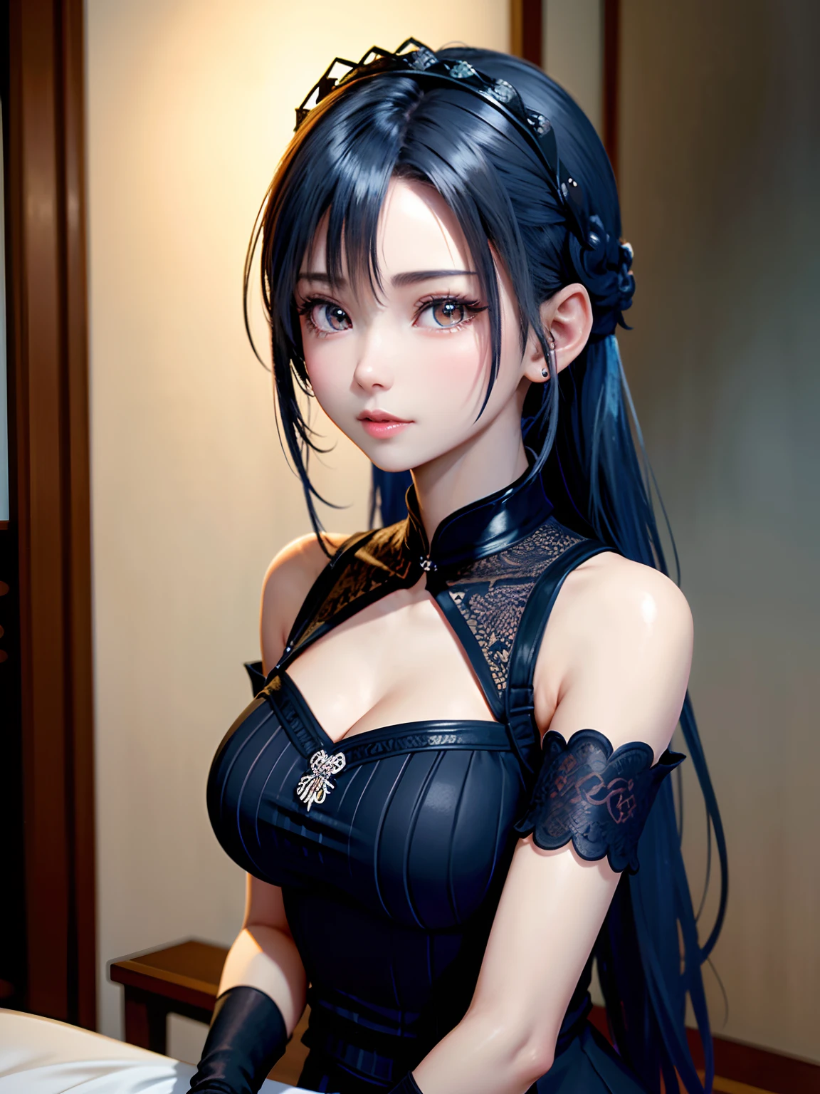 Close up portrait of blue-haired woman in black dress,Braided hair、 Black braided pigtails, gorgeous chinese model, goddess of Japan, Beautiful Asian Girl, real life anime girl, Anime girl cosplay, Traditional beauty, trending at cgstation, Seductive Anime Girl, beautiful goddess, a beautiful fantasy empress, young and cute girl, Good young girl, very beautiful cute catgirl