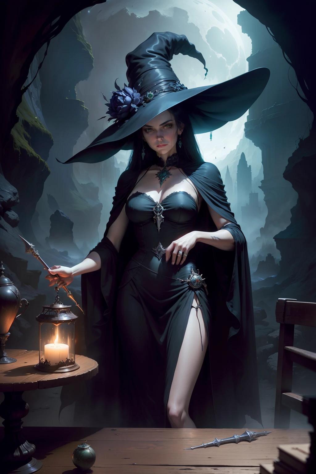 Dove Gira Lady of the Night, brunette skin, long black hair, long black dress,wide brim hat, wearing women's long gloves,eyes browns, slightly pulled,according to a cigarette,wearing gold and silver jewelry,elegant and fine, local, a cabaret, holding a trident