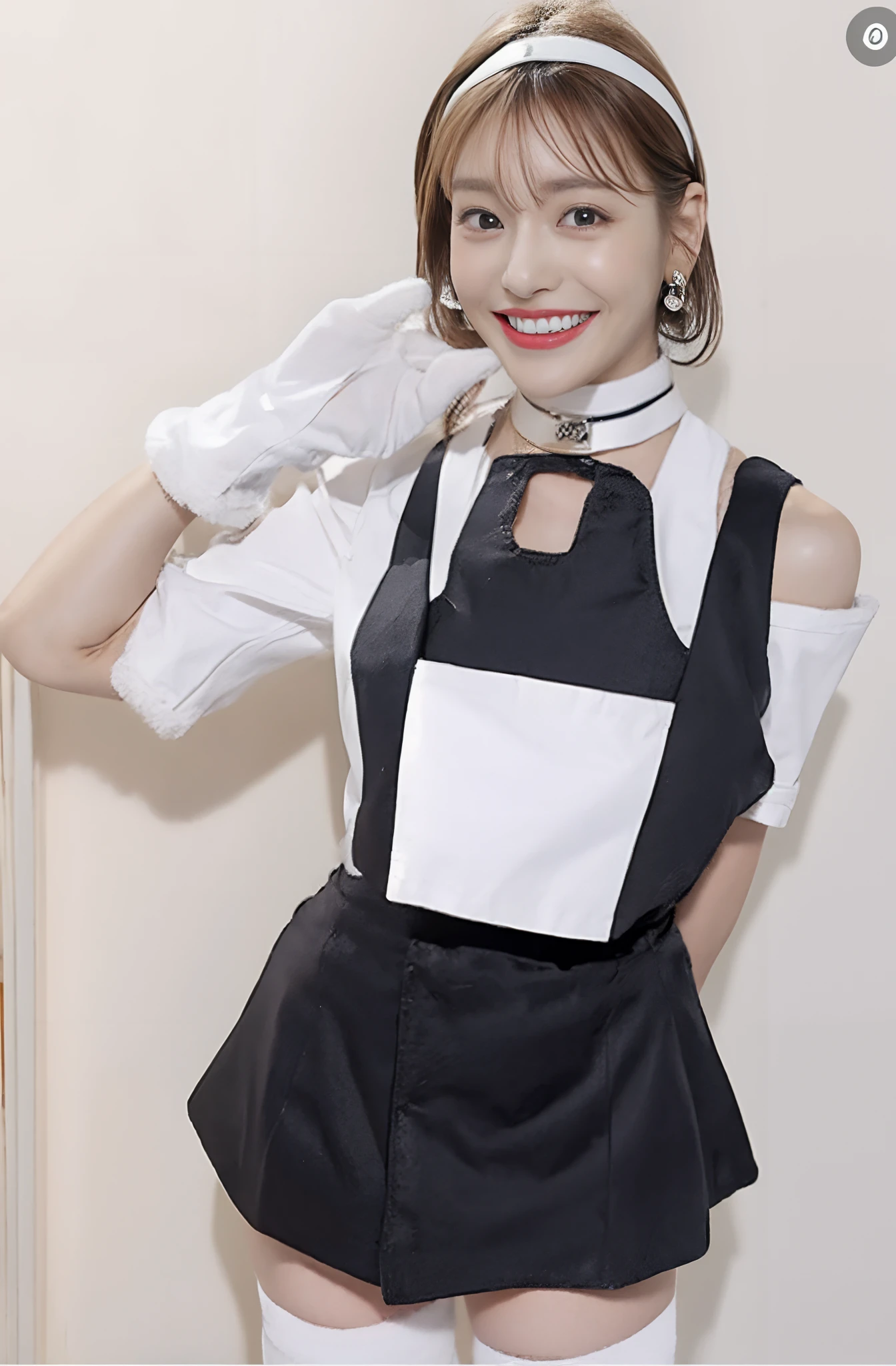 The world's most attractive female figure, the world's six sexiest Japanese beauties standing together, the world's cutest miniskirt maid outfit, the world's cutest choker, the world's cutest gloves, the world One cute earring, smiling for the camera, 30 years old, white shiny skin, porn actress body, 6 women, dimples