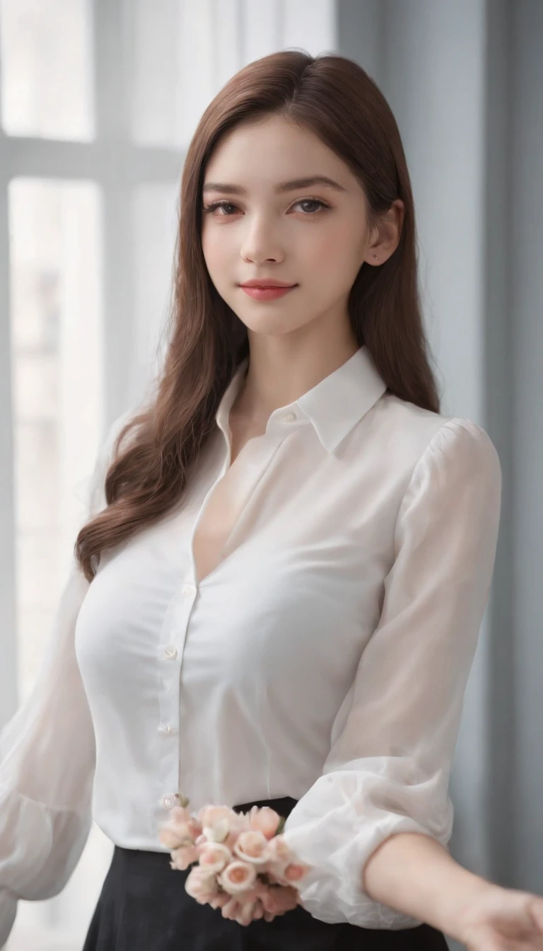 High quality,tmasterpiece,超A high resolution,(Photorealsitic),(realisticlying:1.4),RAW photogr,Full body photo of the girl,inside in room,sit on chair,Legs crossed),Good looking face,Slim,Dignified,Small Fresh,(blouse with a white collar,black short skirt),ssmile,cabelos preto e longos,Beautiful hair accessories,Beautiful age girl,detailed scene, Beautiful digital illustrations, detaileds,ultra - detailed, Cinematic quality, (Beauty and aesthetics,big breasts beautiful),correct hand