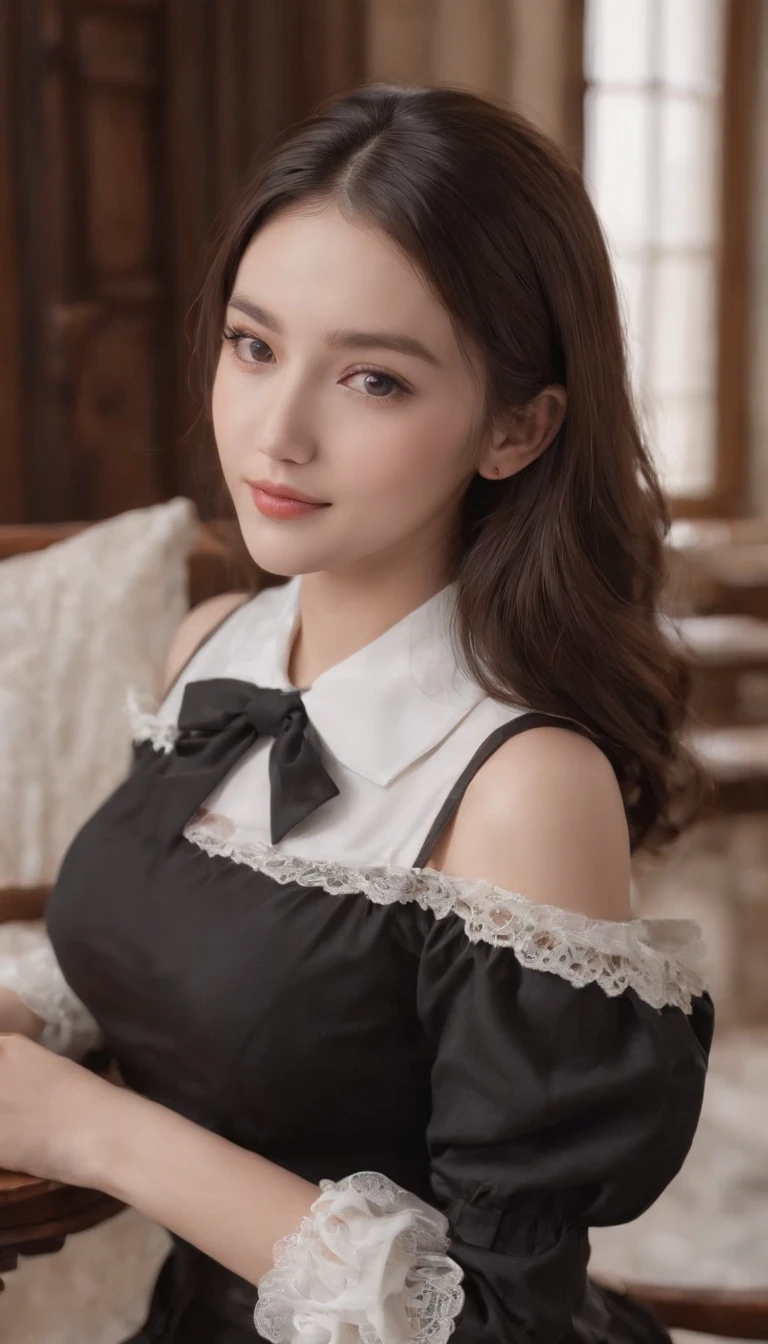 1 Nogizaka Musume, very cute, Beautiful girl with baby face, goth lolita fashion, pretty face, Eye and skin details are exquisite, Black and shiny fine hair, elegant decor, frilled tie, ribbon tie, rose hair ornament, smile for camera, Full body female love, (European castle), professional lighting, rest, (realistic, Realism:1.37), 8k, (Masterpiece), (top quality:1.4), (ultra high resolution:1.2), (original photography:1.2)、(Delicate lace、Soft fabric、Beautiful rose pattern dress)、perfect anatomy、4 fingers and 1 thumb、Super detailed background、(Unity 8K Wallpaper)
