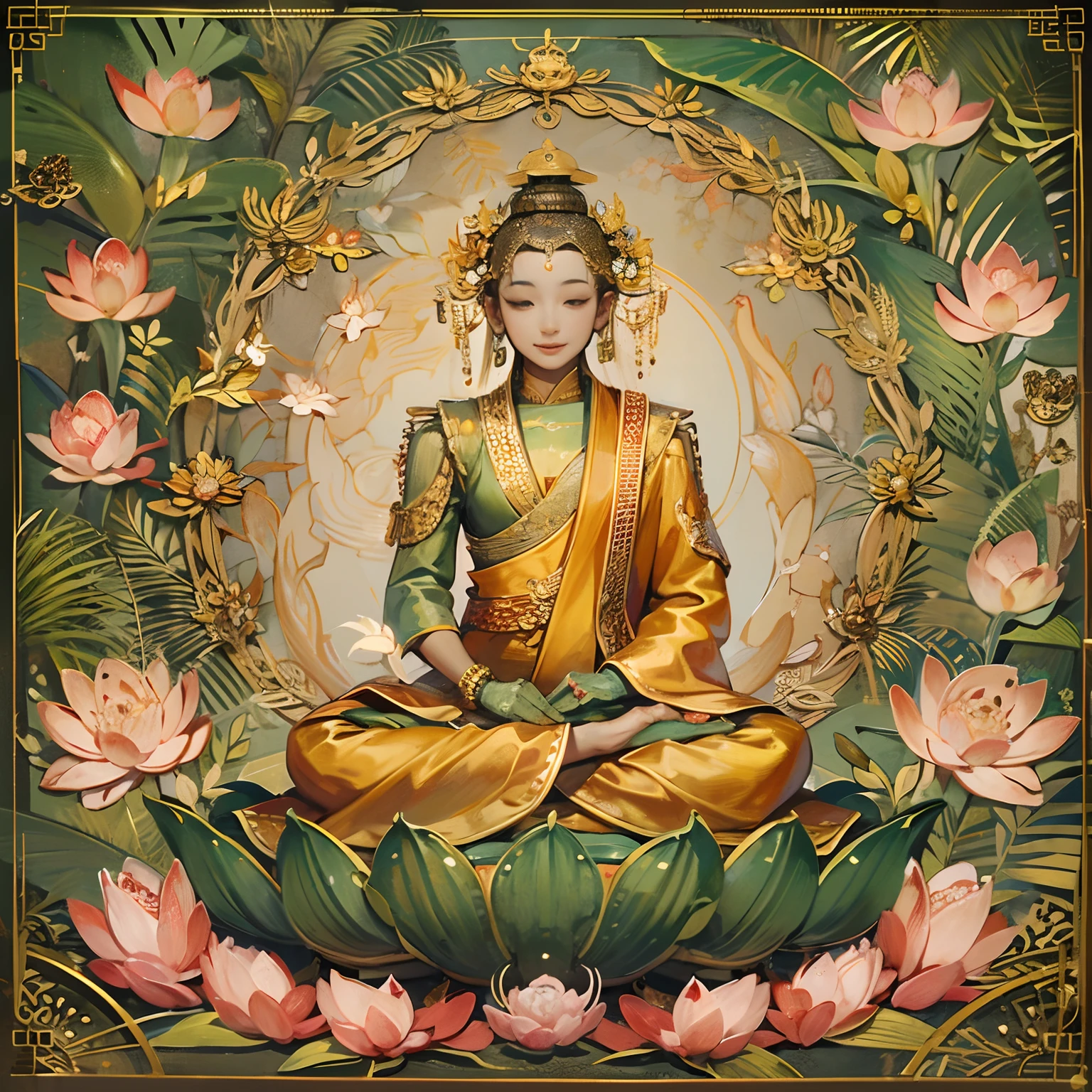 Portrait of Buddha sitting on a lotus flower, Buddha, a Buddhist Buddha, buddhism, budista, sukhasana, buddhist art, Bodhisattvas, samsara, Pushkarakuha, attractive male deity, Spiritual enlightenment, padmasana, Karma for tomorrow。, Hindu stages of meditation