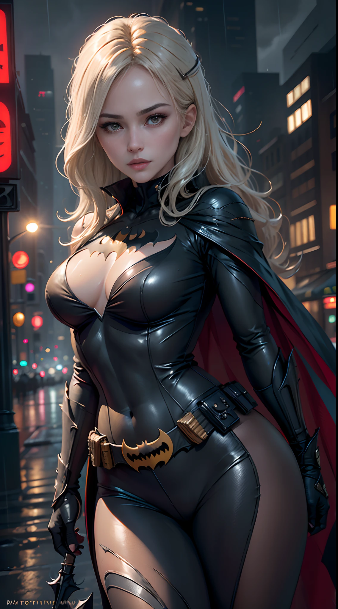 1girl, Full body, style of the Batwoman costume, medium breasts, Yellow Batman Logo on Chest and the belt, masterpiece, best quality, detailed skin texture, detailed cloth texture, beautiful detailed face, intricate details, ultra detailed, straight Blonde hair, Back pose, (Night Gotham city street Background), Rainy, Rain on the city, (Best quality, A high resolution, Photorealistic, primitive, 8K,Masterpiece, ),Best quality, Masterpiec8K.hdr. High ribs:1.2, filmgrain, Blur bokeh:1.2, Lens flare, (vivd colour:1.2), (Delicate),