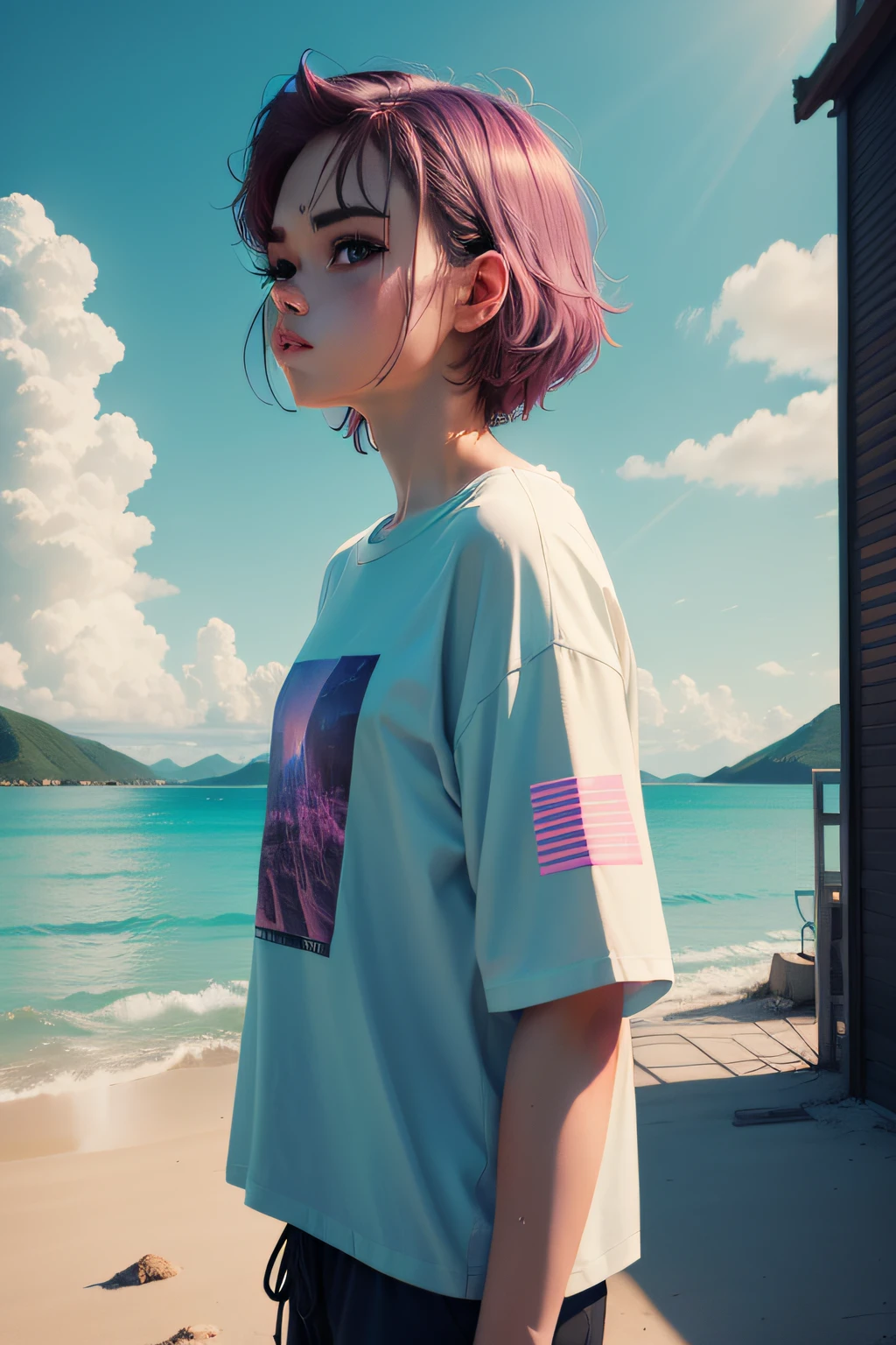 T-shirt design, vaporwave style, aesthetics, chill,(Show only the scenery ), lofi style, ultra - detailed, Background with, The landscape, highly detailed, 8K, k hd