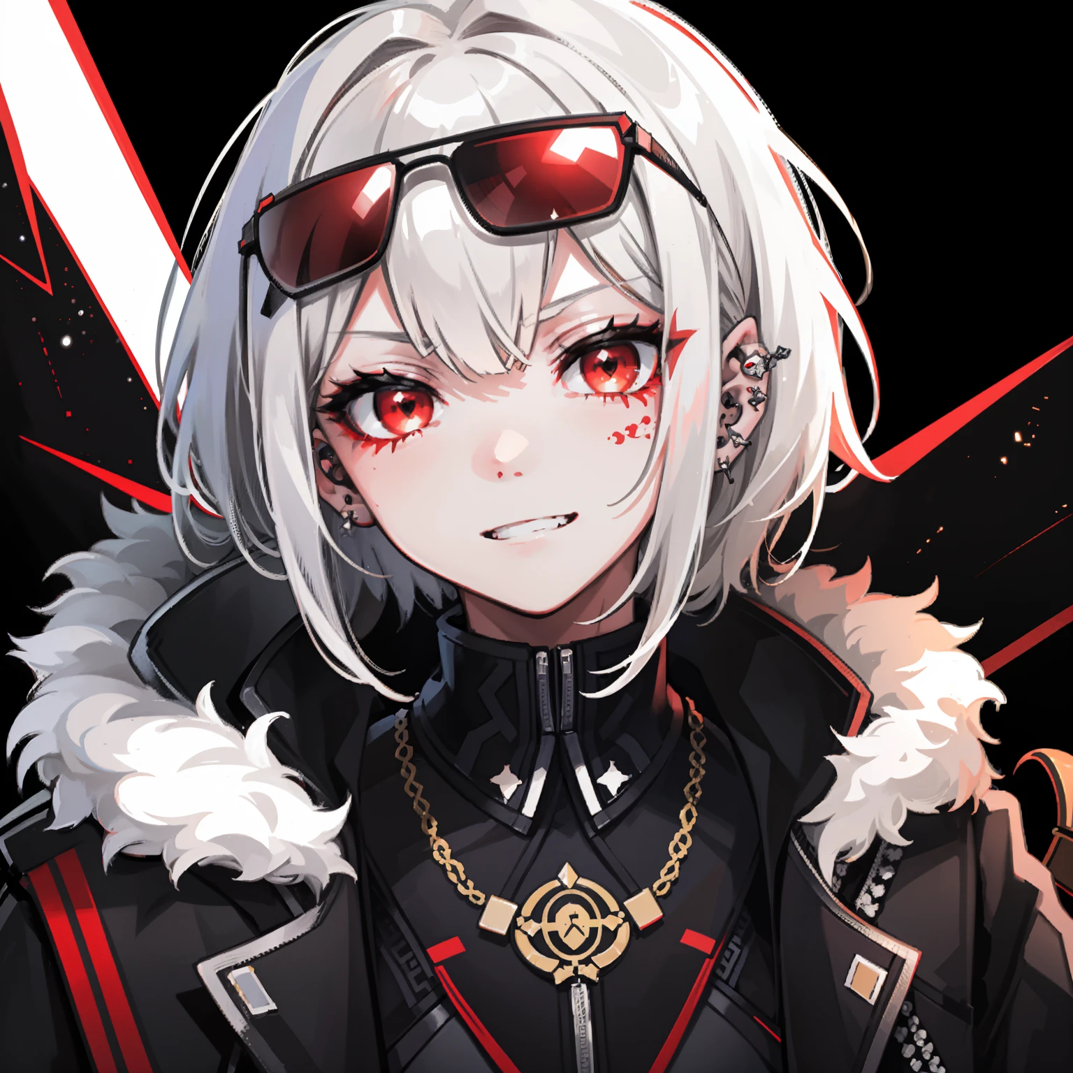 Tri-Tachyon, 1girl, starsector, portrait, legio infernalis, legio, short hair, tattoos, piercing, red eyes, black coat, red undercoat, white hair, fluffy coat, grin, black background, small chest, sunglasses, maniac face, pale face, leather coat, big fluffy coat, fluffy collar