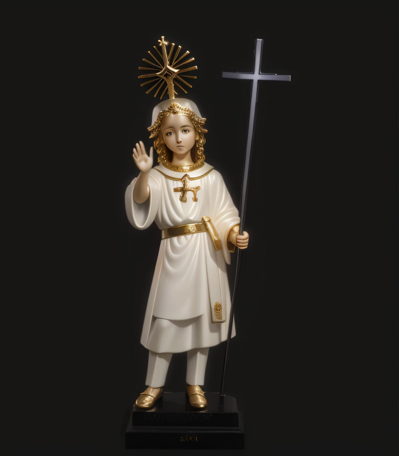 a statue of a child dressed in white holding a cross, Com o Menino Jesus, escultura religiosa, Santo de ouro bonito, orthodox saint christopher, santo, holy themed, Santo ortodoxo, Anjo majestoso de corpo inteiro, saint michael the angel, resin statue, baixa estatura, NPC com halo de santo, christian saint, catholic religious art, alto detalhe 1024