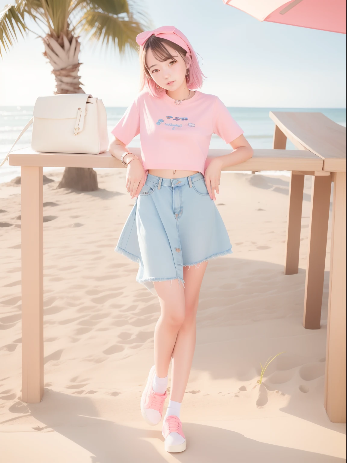 There was a woman standing at a table on the beach, mini jeans skirt, taken with canon eos 5 d, full body cute young lady, loose coat collar sailor uniform, kawaii shirt and jeans, feminine in cute pastel shades, with ripped crop t - shirt, hip skirt wings, Kawaii style, Trendy clothes, taken with canon eos 5 d mark iv
