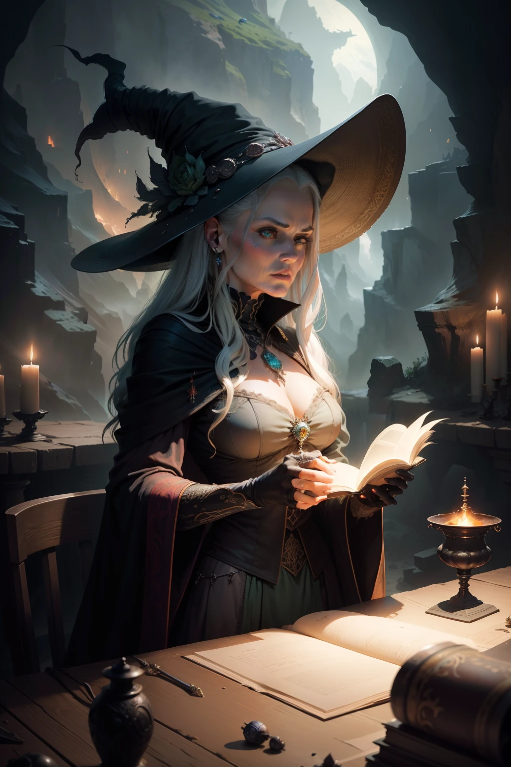 An image of an ugly old green witch, with dark robe and pointy hat, standing behind a table, mixing a deadly potion, background is a canyon with dark night sky, mood is fractious, recalcitrant, aggravating, agitating, night time light, digital art, hyper realistic, 8k, unreal engine, character design, art by Peter Paul Rubens, Anne Stokes, Blaz Porenta, Zdzislaw Beksinski, Marc Simonetti, Gerald Brom.