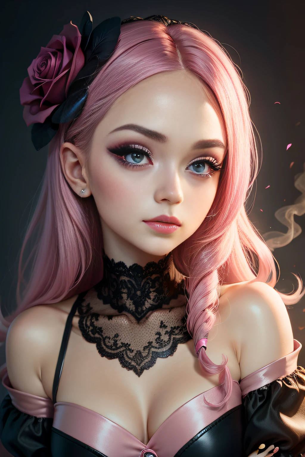 Pink rose,, Smoky makeup, Big eyes, Double eyelids, Side face,Rounded face