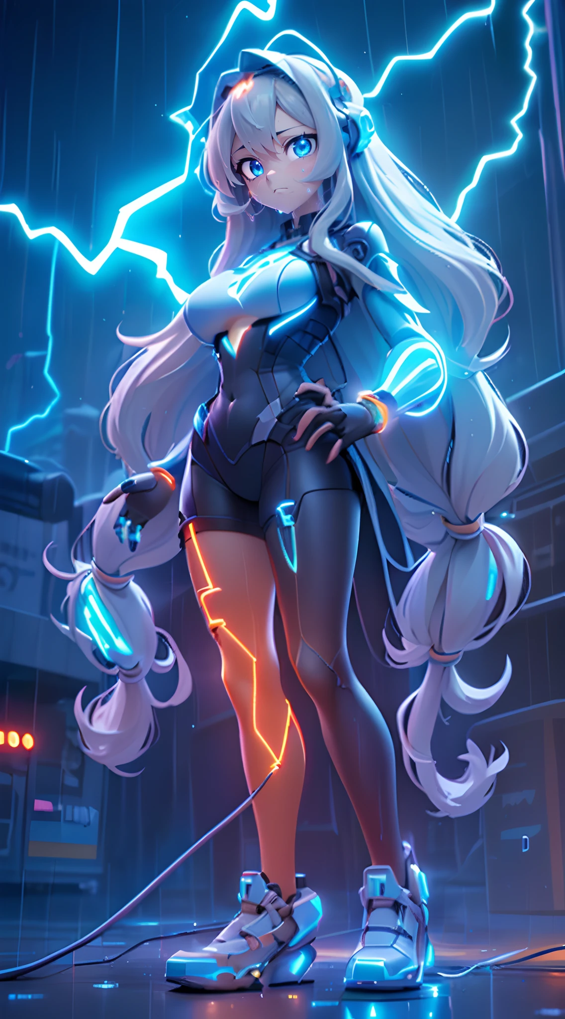 (Dynamic Angle:1.4), ((Full body posing:1.5), (Colorful:1.2), (Highly detailed CG Unity 16K wallpaper:1.1), (Denoising strength: 1.45), (tmasterpiece:1.37), ((Official art)), of the highest quality, (Realistic), Green Cyber Girl, 2 head body,Deformed Character,cute expression, (Super long hair:1.6),voluminous hair,Hair in motion,Golden hair,Glowing eyes,(blue eyess:1.2), wires, (LED:1.3), (a hologram:1.2), ((Electric build ring from hand:1.5)),((Thunder from the hands:1.5)),futuristic city street, Neon light, Skyscrapers, (Night:1.2), (Rain:1.2), (Rainbow Model:1.2), 8K resolution, (Anime style:1.3), Cinematic lighting, chromatic abberation, spark of light, Ray tracing, blending, ultra wide-angle, Hasselblad, (masutepiece), (masutepiece), ((Best Quality)), ((masutepiece)), nffsw