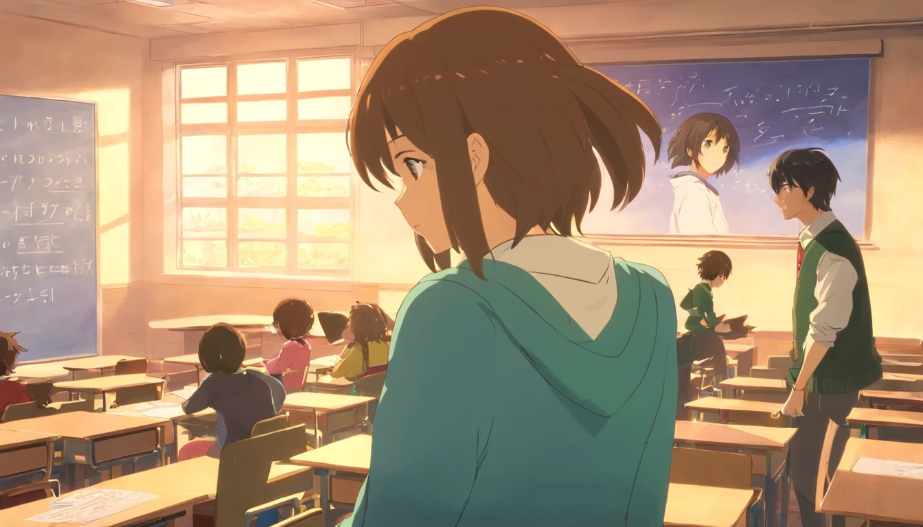 inside a classroom,A boy and a girl are arguing,The girl is facing the camera,The boy turned his back to the camera,The girl looked indifferent
