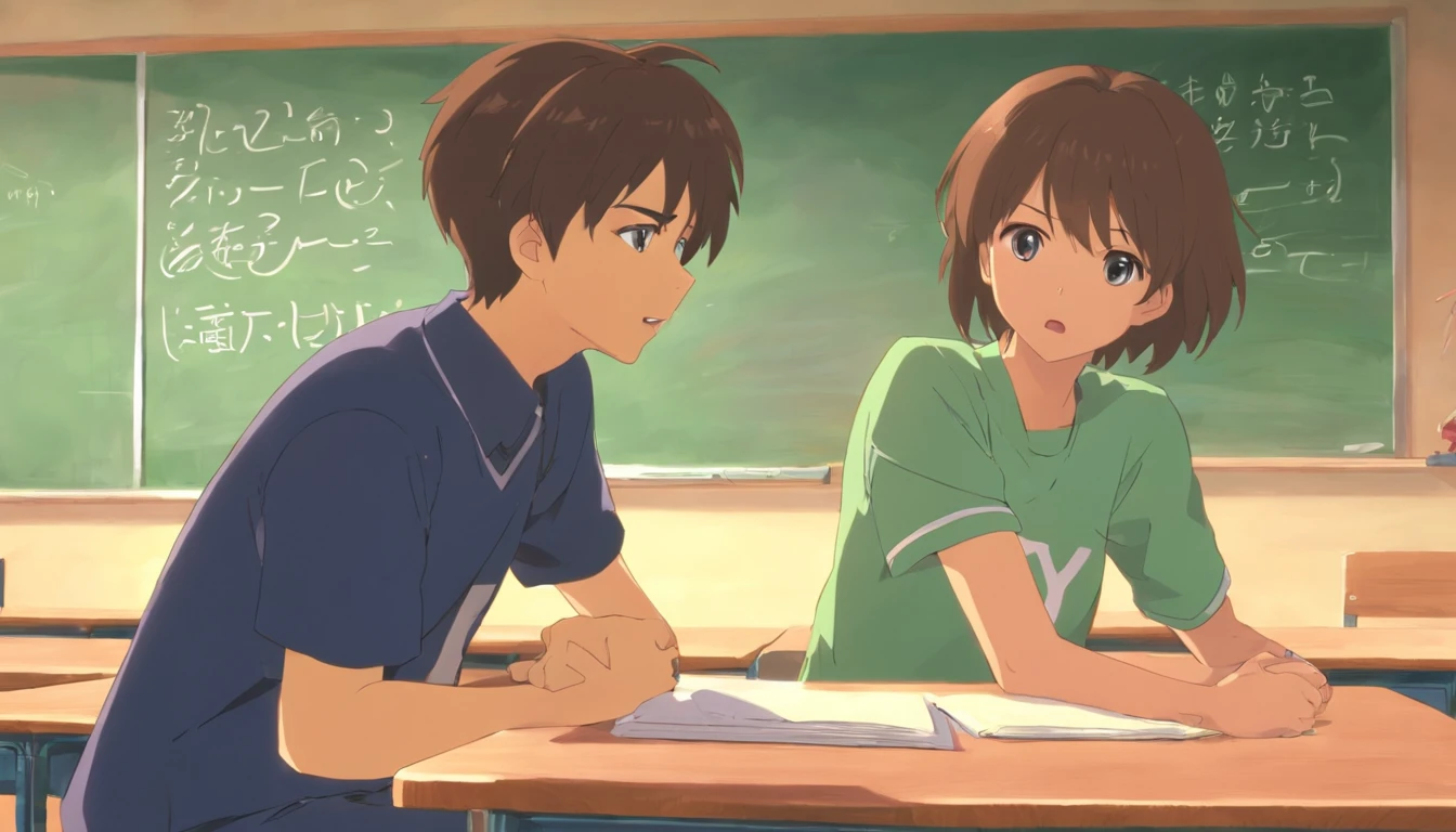 inside a classroom，A boy and a girl are arguing，The girl is facing the camera，The boy turned his back to the camera，The girl looked indifferent