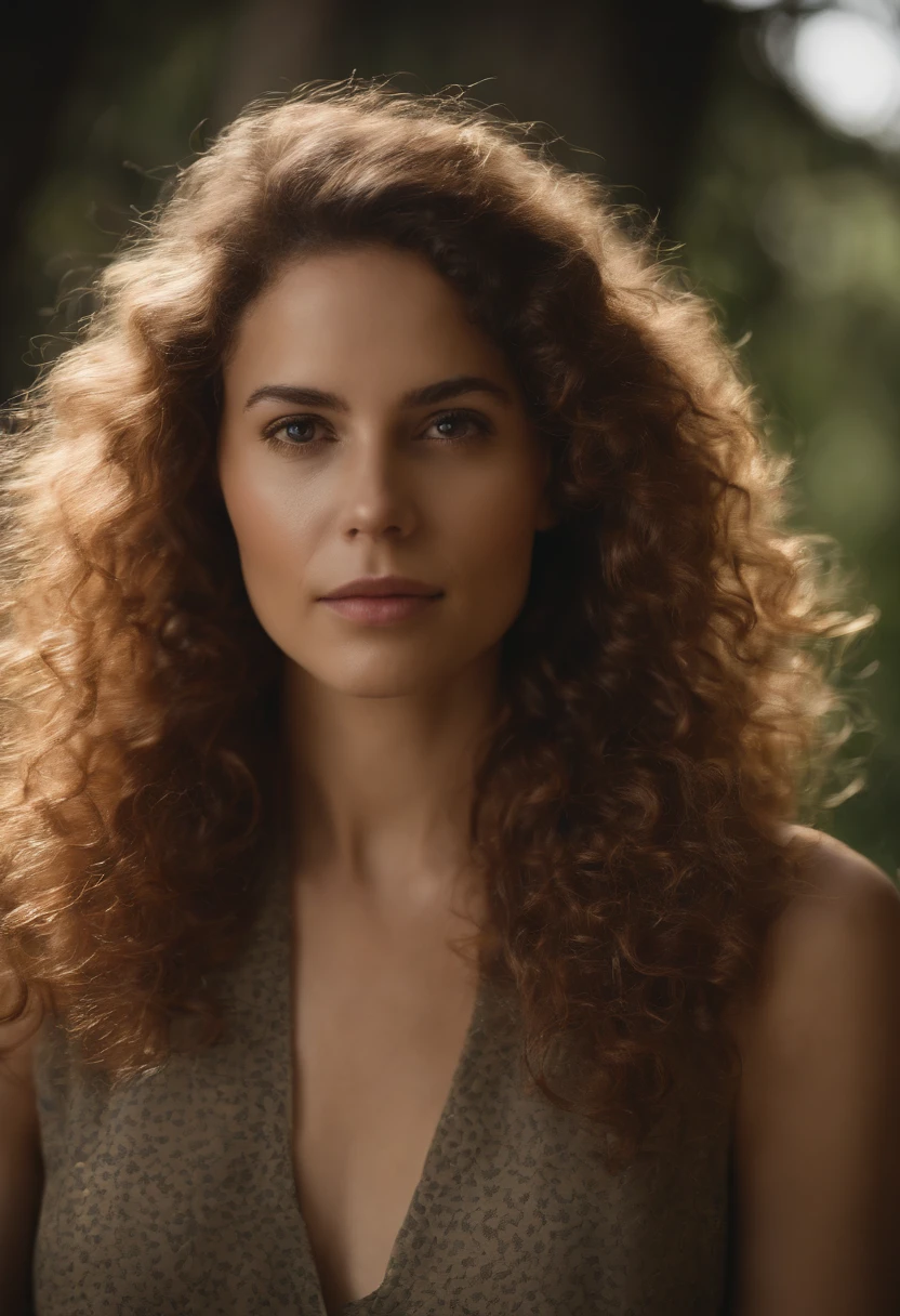 very realistic woman brown curly hair mid long green eyes bare buttocks shy, cinematic lighting