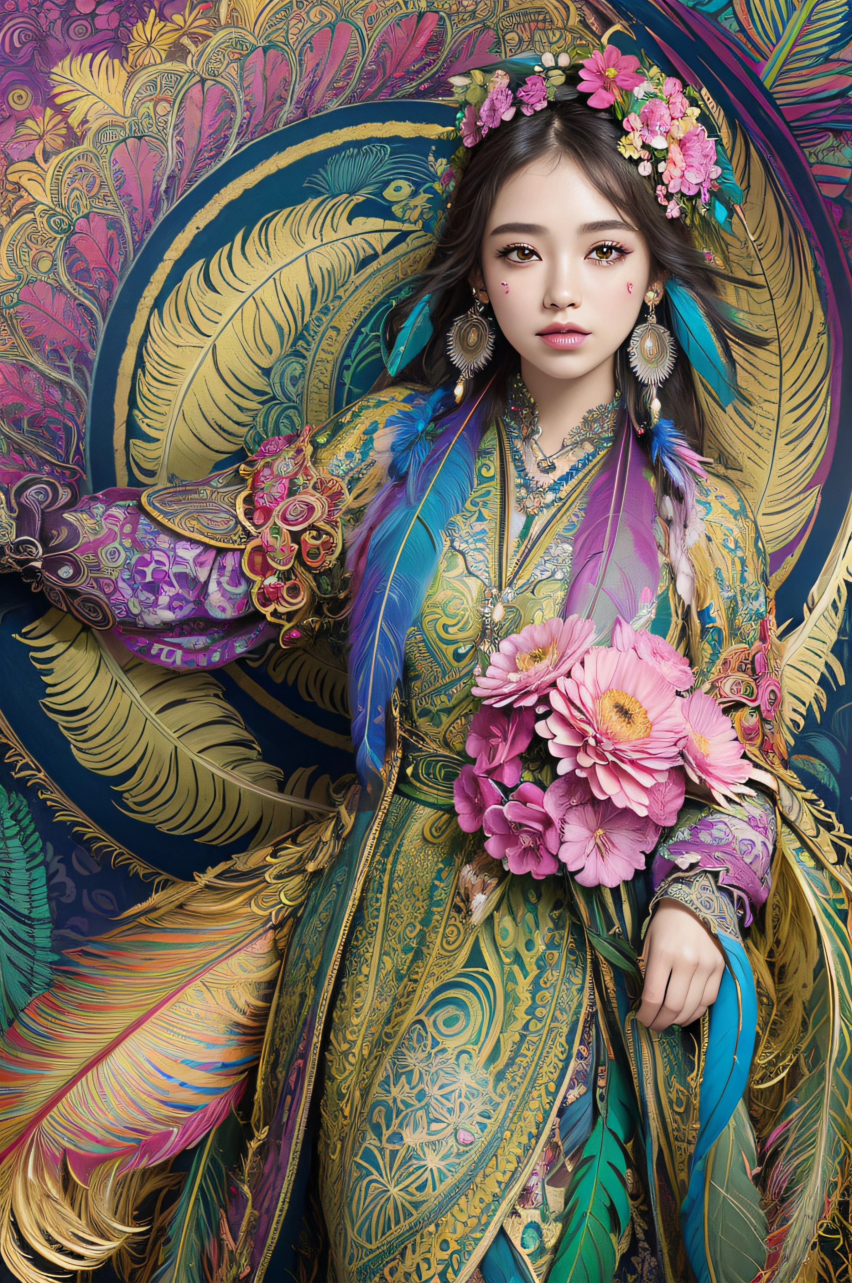 (masterpiece, top quality, best quality, official art, beautiful and aesthetic:1.2), (1girl:1.3), extremely detailed,(fractal art:1.1),(colorful:1.1)(flowers:1.3),highest detailed,(zentangle:1.2), full body, (abstract background:1.3), (shiny skin), (many colors:1.4), ,(earrings), (feathers:1.5),