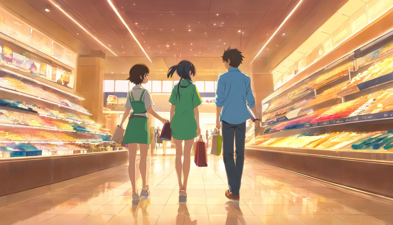 In the mall,A man and a woman are buying shoes