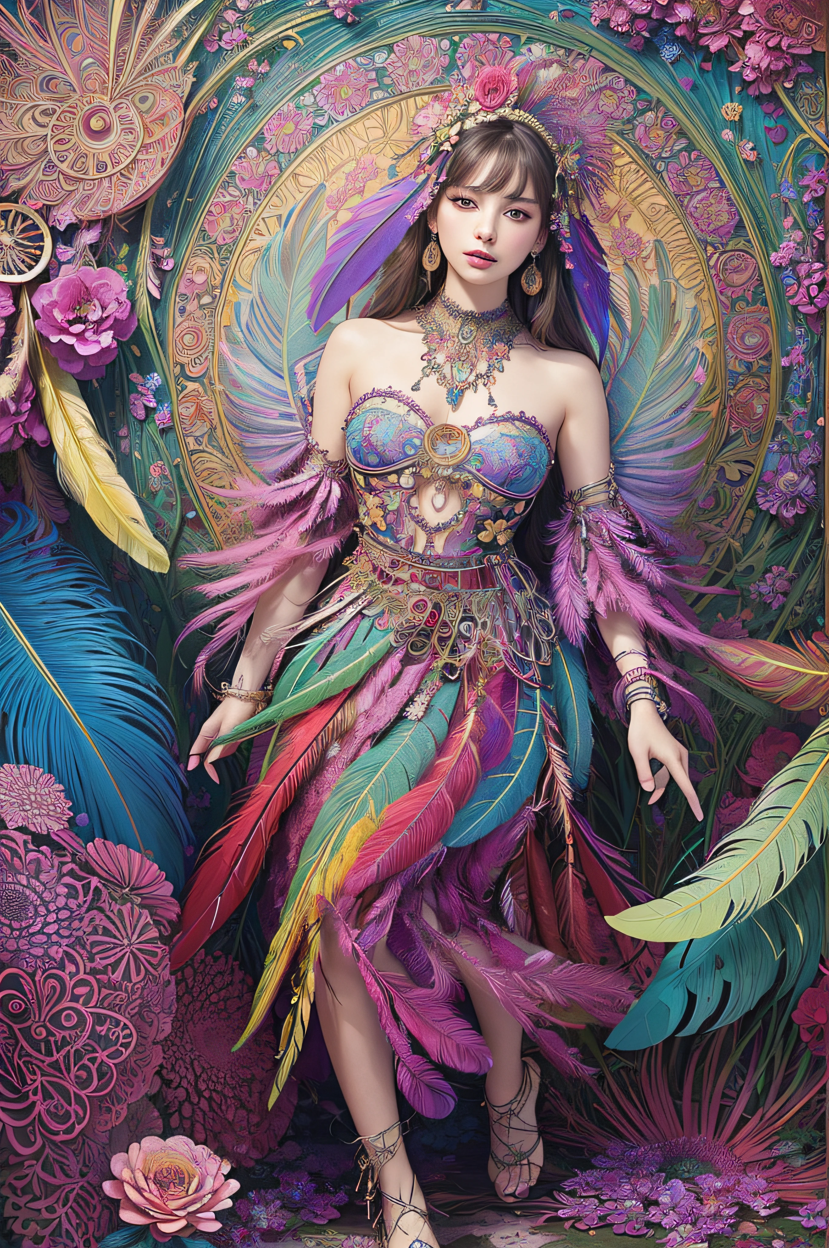 (masterpiece, top quality, best quality, official art, beautiful and aesthetic:1.2), (1girl:1.3), extremely detailed,(fractal art:1.1),(colorful:1.1)(flowers:1.3),highest detailed,(zentangle:1.2), full body, (abstract background:1.3), (shiny skin), (many colors:1.4), ,(earrings), (feathers:1.5),