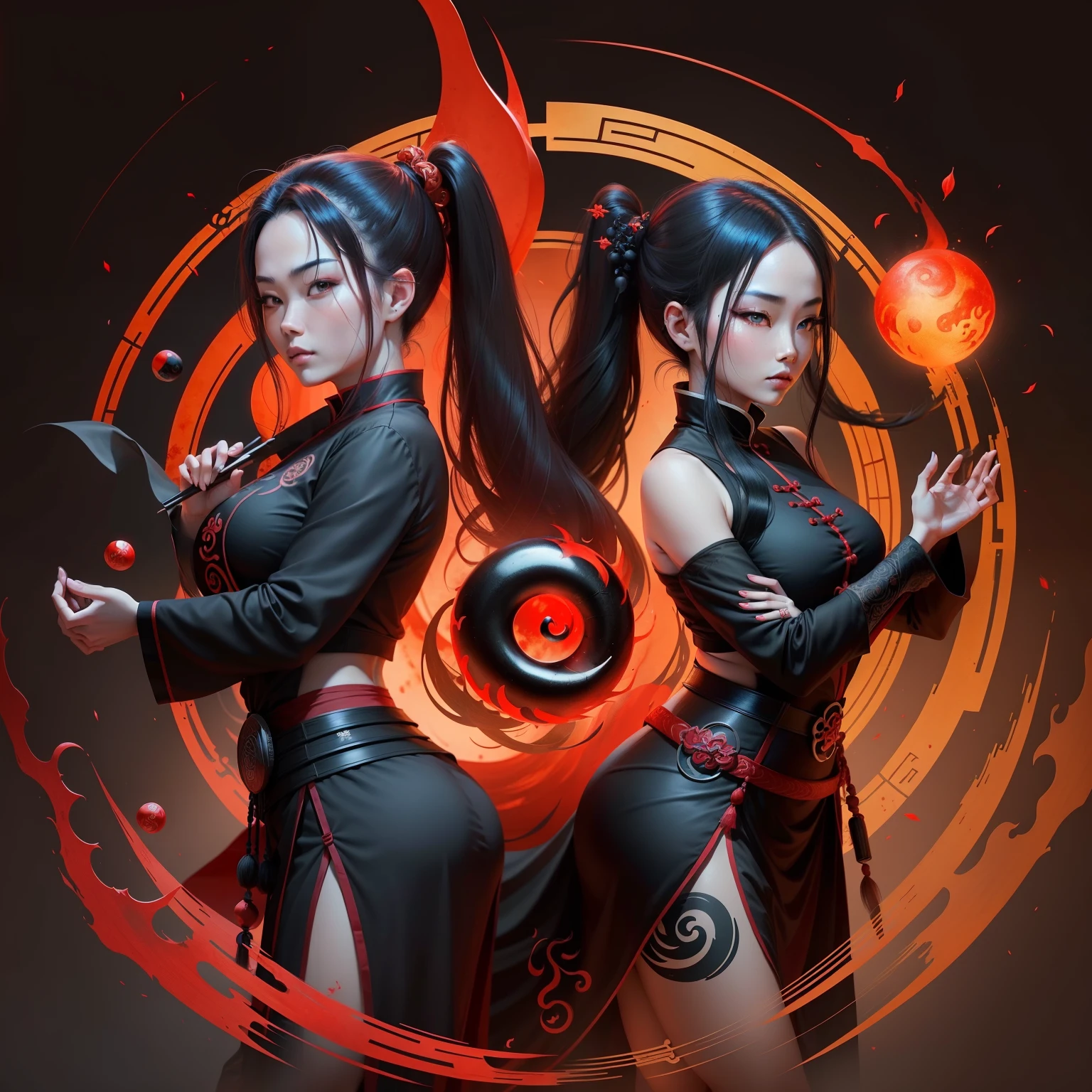 a black and red yin fire symbol, ying and yang, yinyang shaped, yin yang, taoism, chinese, pick wu, inspired by Shūbun Tenshō, yan, inspired by Wu Wei, taoist master, circle, asian, buddhist