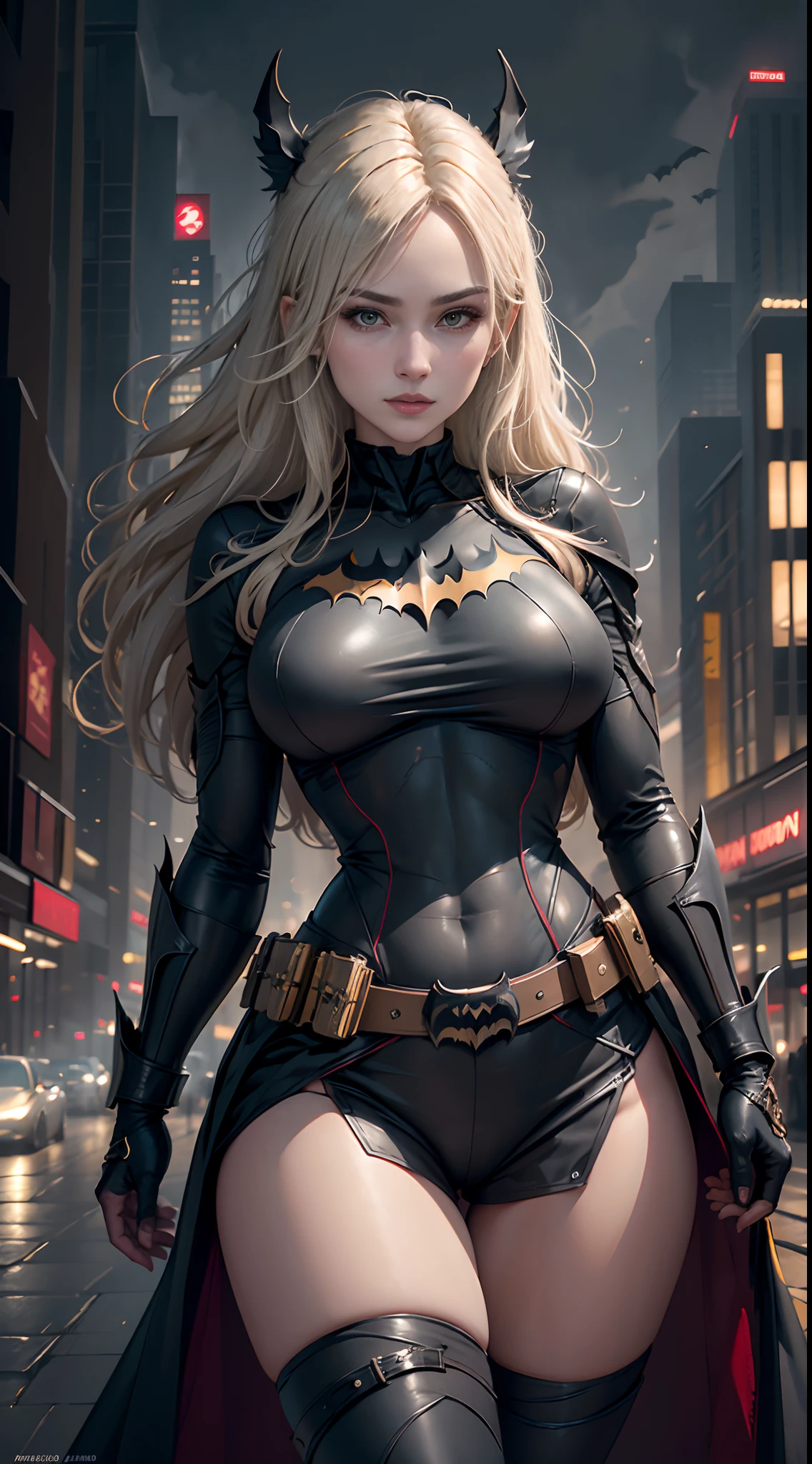 1girl, Full body, style of the Batwoman costume, medium breasts, Yellow Batman Logo on Chest and the belt, masterpiece, best quality, detailed skin texture, detailed cloth texture, beautiful detailed face, intricate details, ultra detailed, straight Blonde hair, dynamic pose, (Night Gotham city street Background), (Best quality, A high resolution, Photorealistic, primitive, 8K,Masterpiece, ),Best quality, Masterpiec8K.hdr. High ribs:1.2, filmgrain, Blur bokeh:1.2, Lens flare, (vivd colour:1.2), (Delicate),