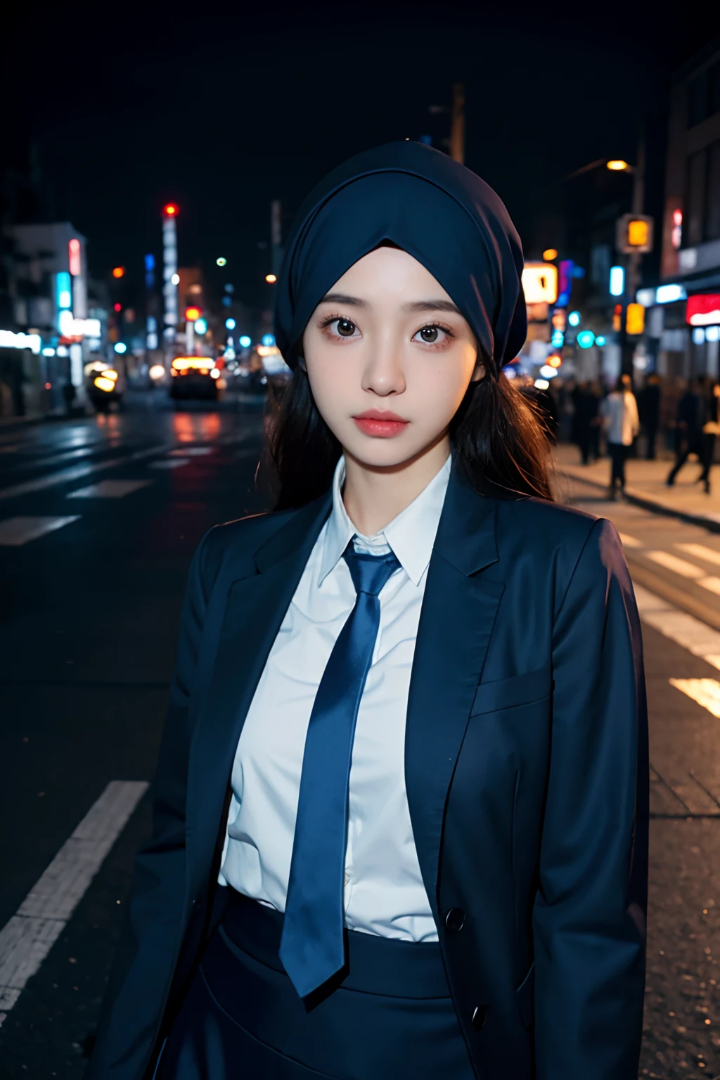 1girl, Tokyo street,night, cityscape,city lights, upper body,close-up, 8k, RAW photo, best quality, masterpiece,realistic, photo-realistic,modern hijab, white shirt, blue tie, blue skirt