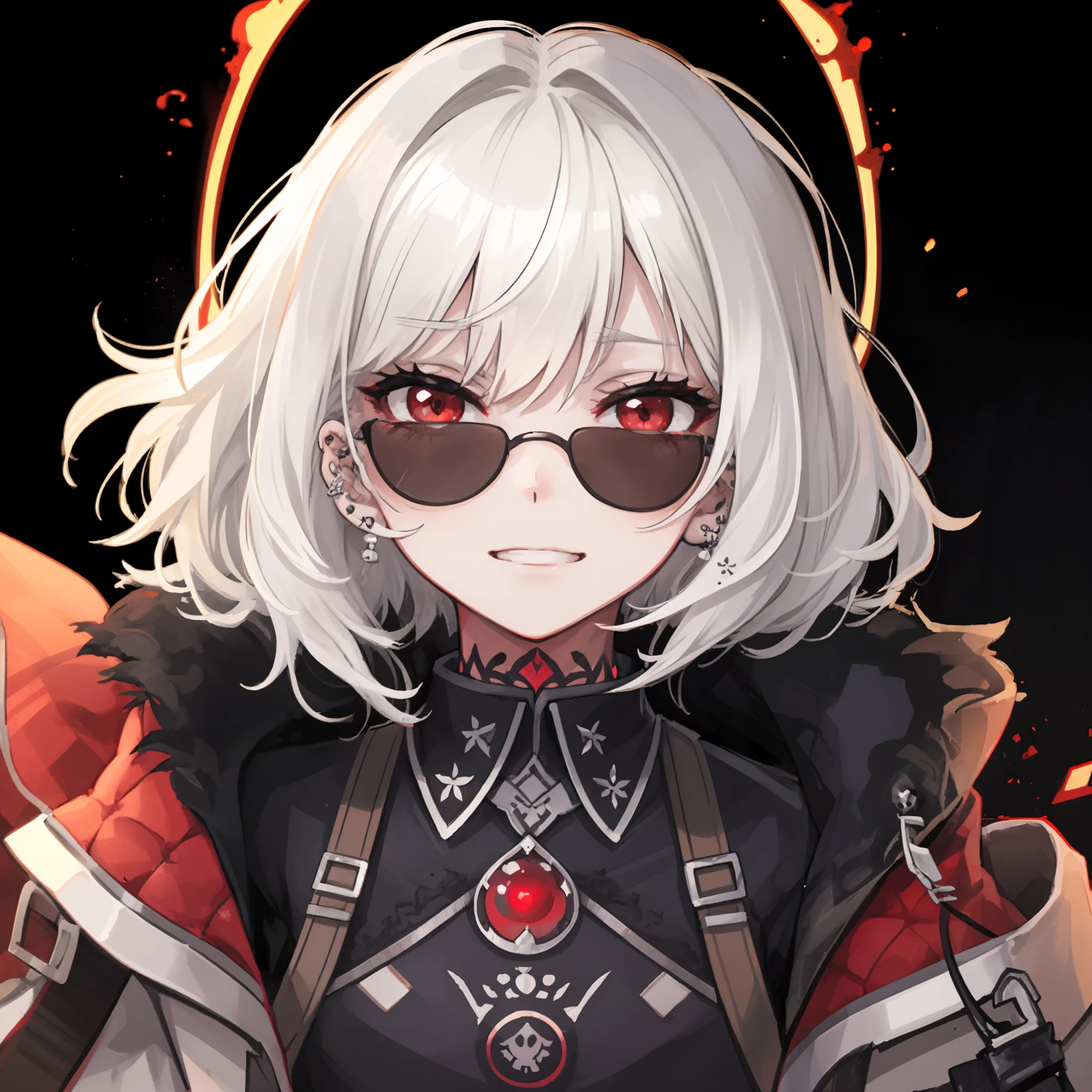 1girl, starsector, portrait, legio infernalis, legio, short hair, tattoos, piercing, red eyes, black coat, red undercoat, white hair, fluffy coat, grin, black background, small chest, sunglasses, maniac face, pale face, leather coat, big fluffy coat, fluffy collar, neck tattoo, nose piercing, lib piercing