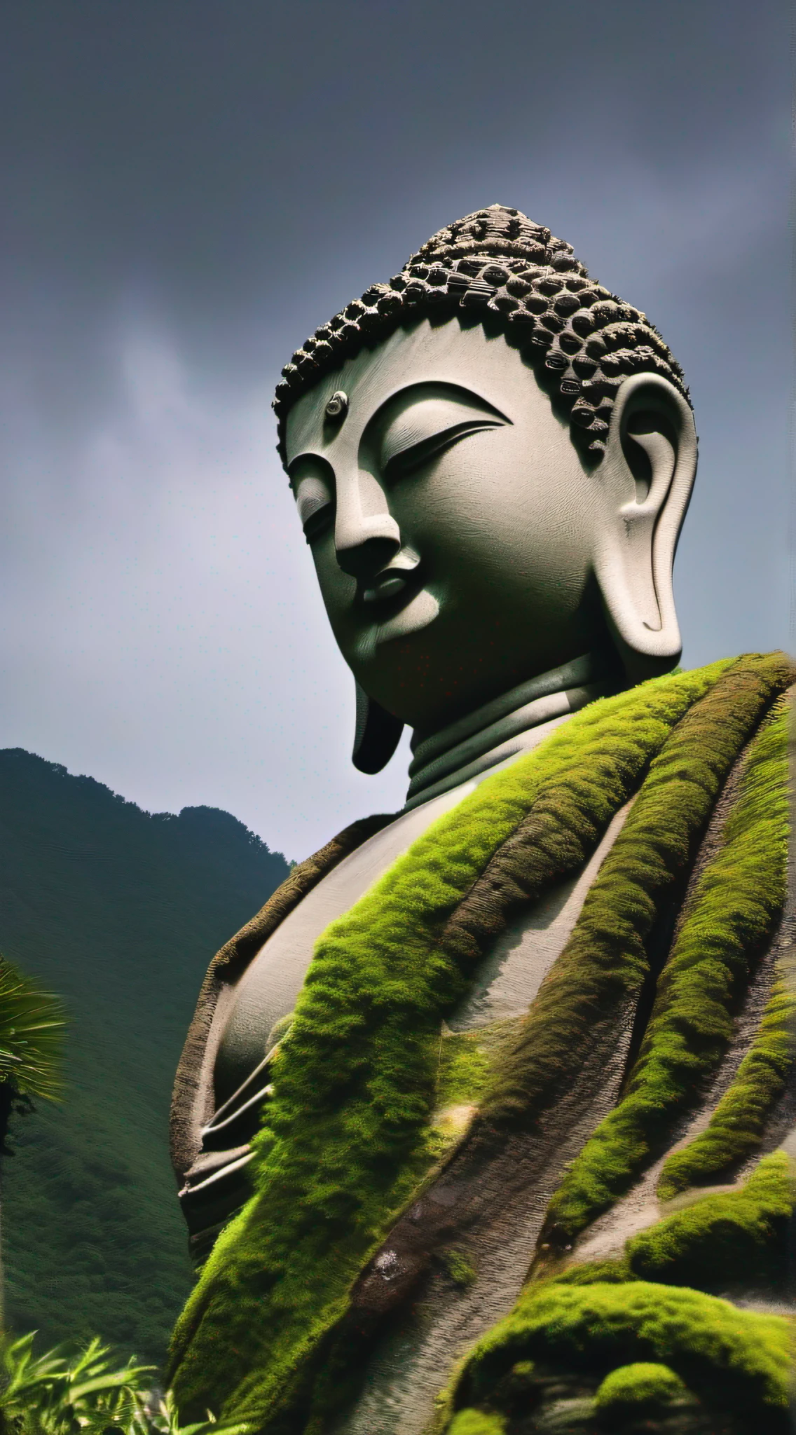 Close-up of a statue leaning against a mountain,Blend in with the mountains,Covered with moss, a Buddhist Buddha, face with artgram, Buddhism, Peaceful face, Buddhist,,详细的脸, Stoic face,photore, Zen temple background,of a real,Pubic area is clear,Movie quality
