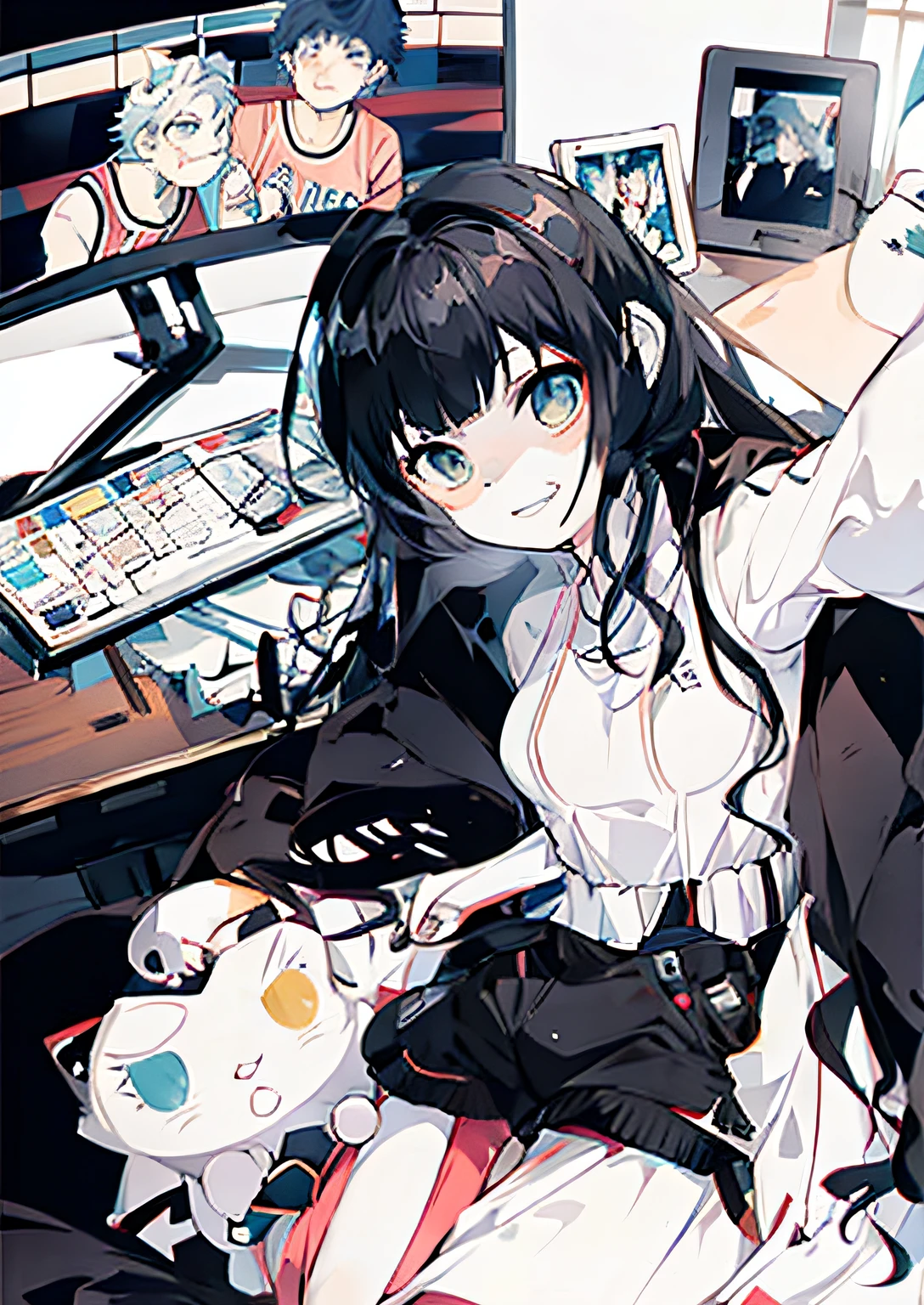 Anime girl sitting in chair,The girl has a white cat on her leg
