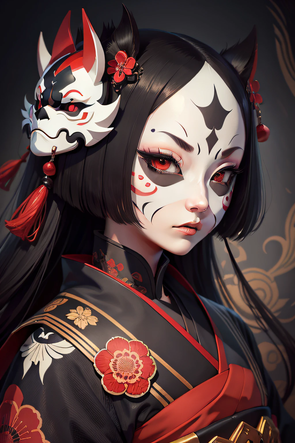 Portrait mask, illustrator, vector illustration, masterpiece, high quality, 8k, high resolution, high detail, japanese, onmyoji, (panru: 1.2), horror, evil, close-up, facing the audience, japanese pattern background