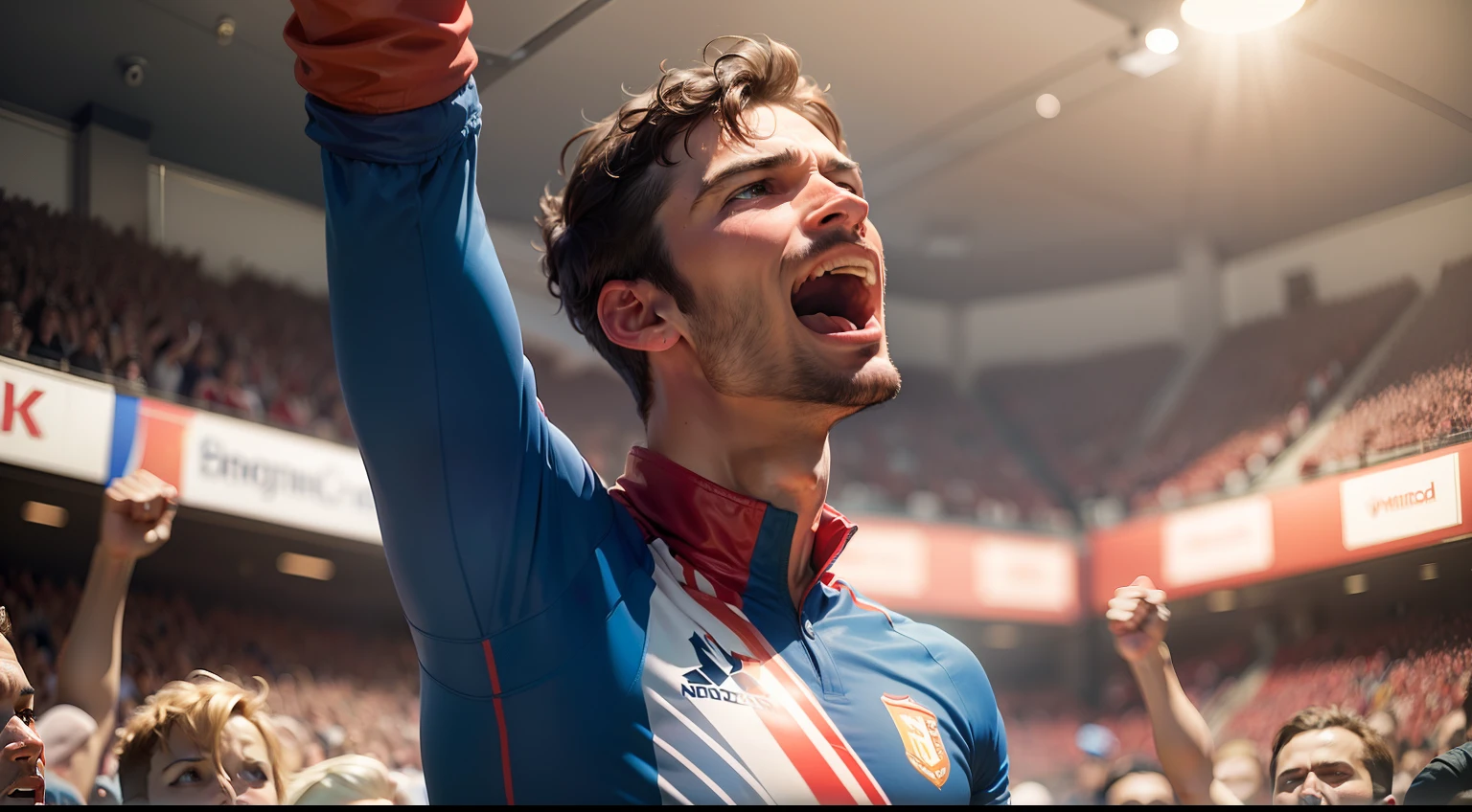 man looking up and shouting, celebrating success