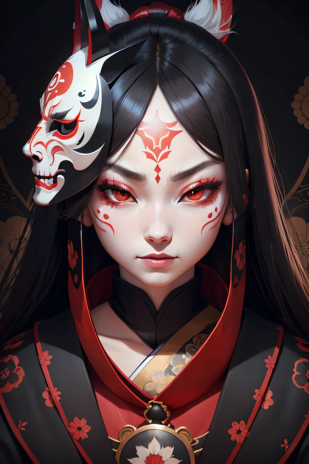 Portrait mask, illustrator, vector illustration, masterpiece, high quality, 8k, high resolution, high detail, japanese, onmyoji, (panru: 1.2), horror, evil, close-up, facing the audience, japanese pattern background