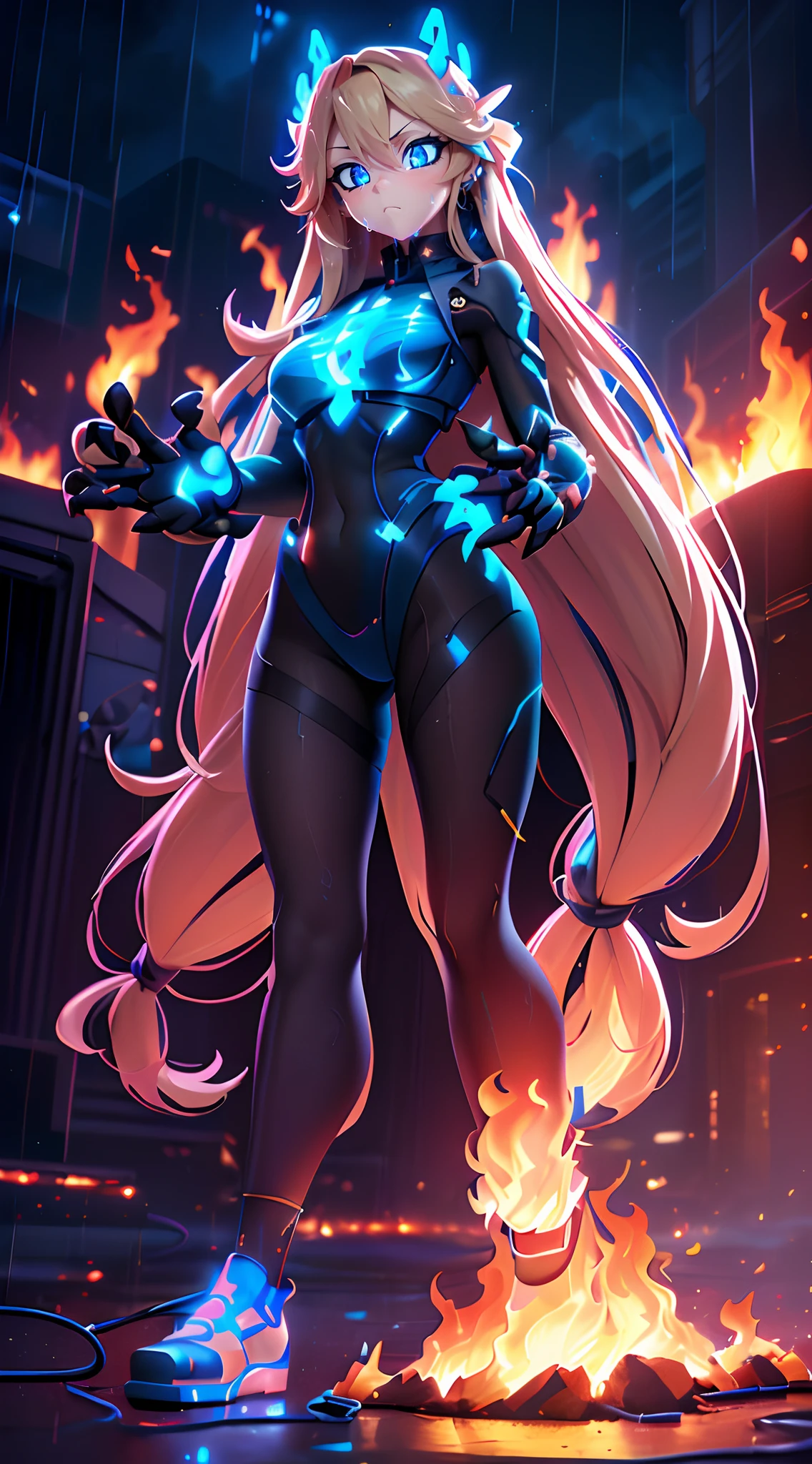 (Dynamic Angle:1.4), ((Full body posing:1.5), (Colorful:1.2), (Highly detailed CG Unity 16K wallpaper:1.1), (Denoising strength: 1.45), (tmasterpiece:1.37), ((Official art)), of the highest quality, (Realistic), Green Cyber Girl, 2 head body,Deformed Character,cute expression, (Super long hair:1.6),voluminous hair,Hair in motion,Golden hair,Glowing eyes,(blue eyess:1.2), wires, (LED:1.3), (a hologram:1.2), ((Flames from the hands:1.5)),((Burning hands:1.5)),futuristic city street, Neon light, Skyscrapers, (Night:1.2), (Rain:1.2), (Rainbow Model:1.2), 8K resolution, (Anime style:1.3), Cinematic lighting, chromatic abberation, spark of light, Ray tracing, blending, ultra wide-angle, Hasselblad, (masutepiece), (masutepiece), ((Best Quality)), ((masutepiece)), nffsw