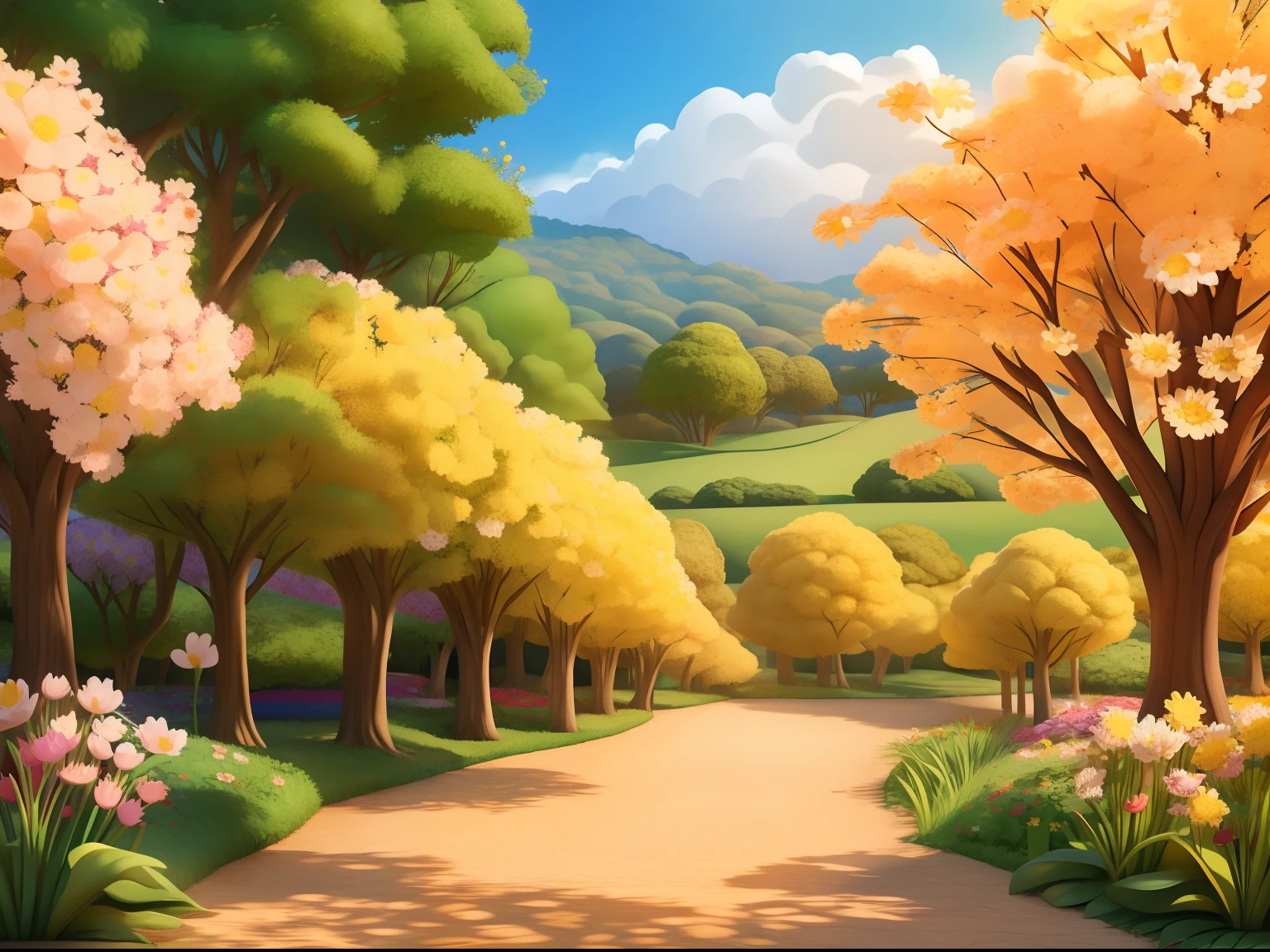 hyper realistic image ((FLORESTA)) full of trees, 8k (melhor qualidade obra-prima), realista 3d, desenho animado, ultra-detalhado, luz detalhada, rainbowart, flores grandes e pequenas, girassol amarelo, arbustos, , PRIMAVERA, RAIOS DE SOL, borboletas, Spring Cinematomáfica, 35 mm lente, abertura f/1, global ilumination, Pan and zoom, estilo cartoon dreamworks, disney pixar, caminhos pedras, blocos irregulares, contraste noite luz luar, flores. NARROW PATH COBBLESTONE STONES. pedra grande: cachorro vira-latas dormindo, mouthpiece language, piso. pernas encolhidas. zoom no chachorro corpo inteiro.
