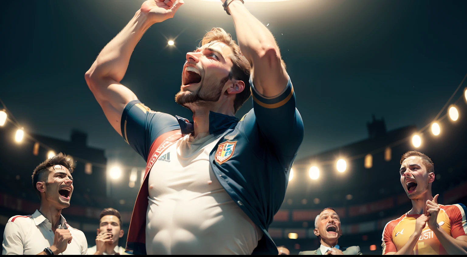man looking up and shouting, celebrating success