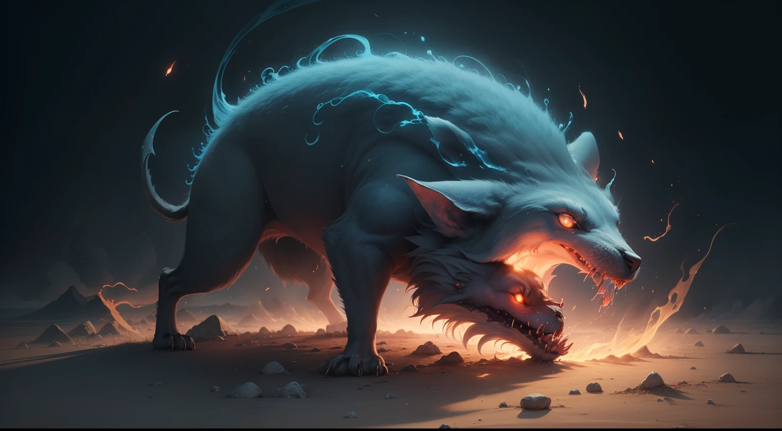 A giant 10-tailed fox fighting a giant two-headed crow with snake tails in a beastly manner