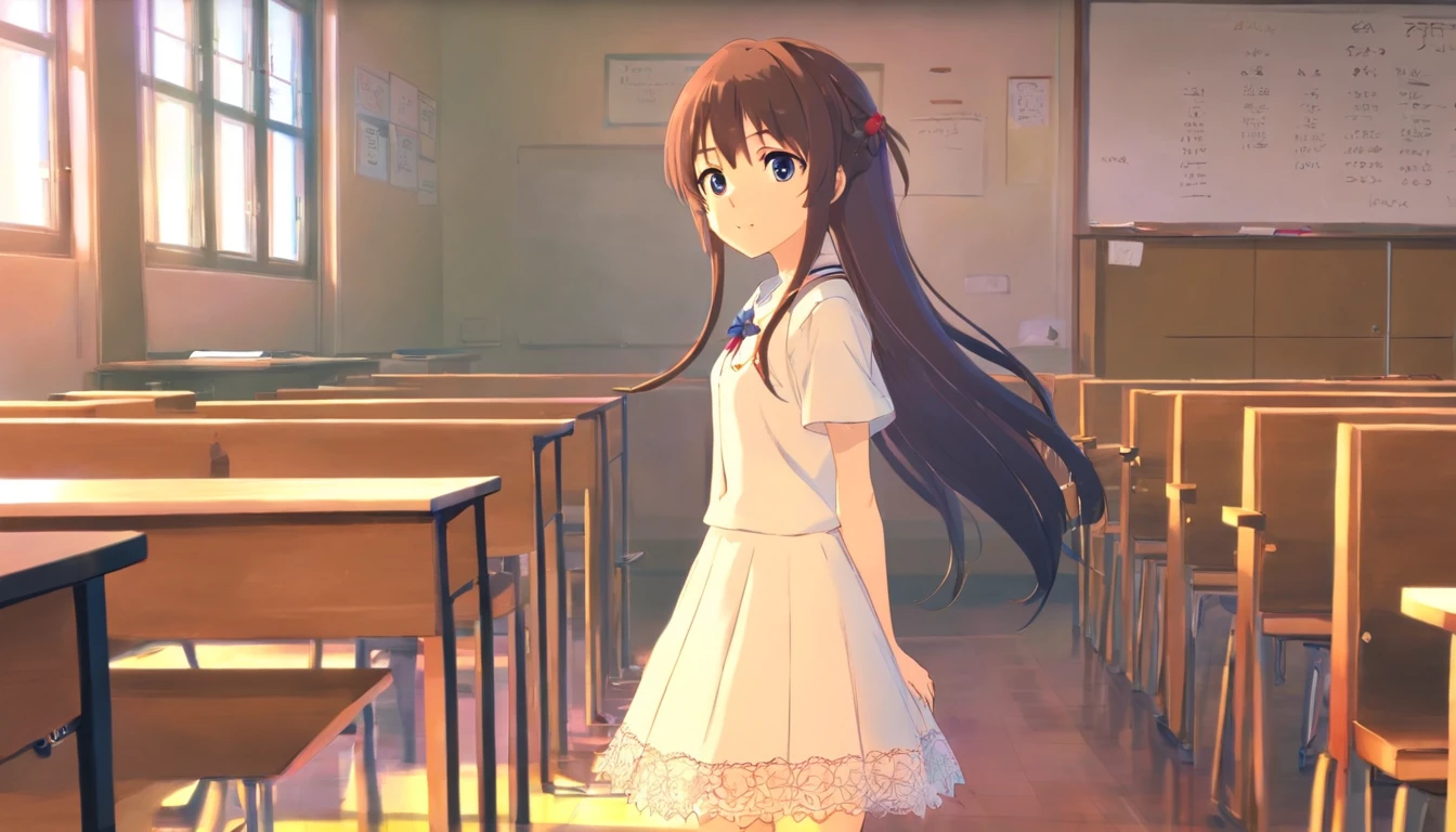 In the classroom,a pretty girl,Long hair,Wearing a black and white JK dress,long leges,Lace calf socks,Full body photo of the front