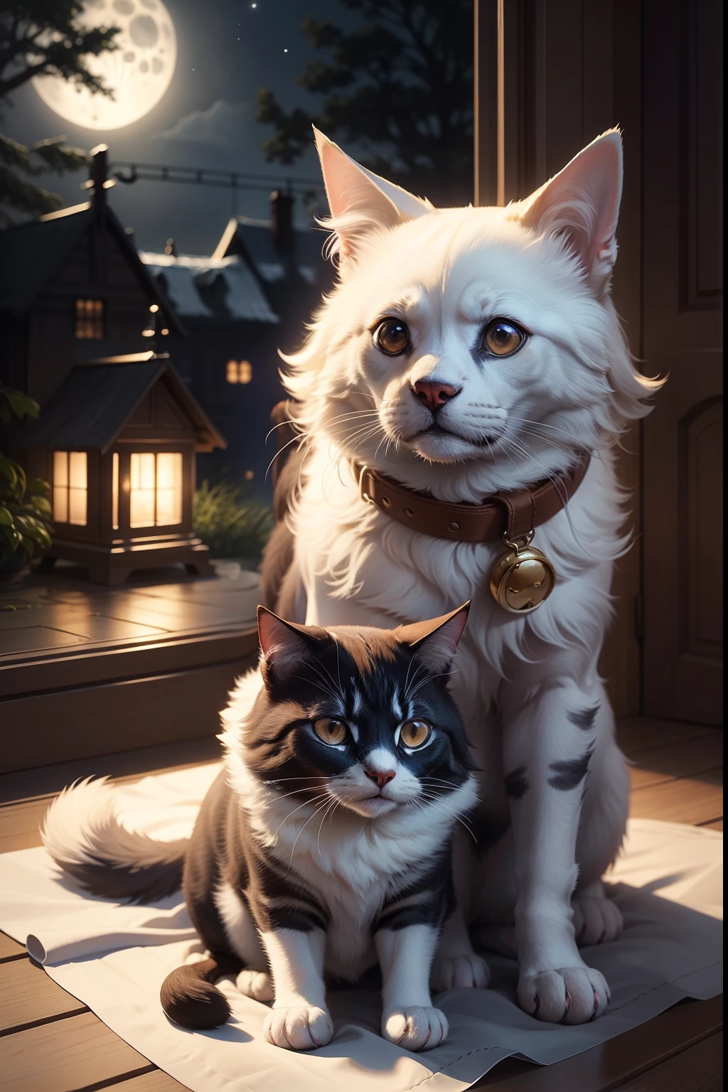 Under the moonlight, a gift box was covered with a cloth，There was a dog and a cat sitting next to it