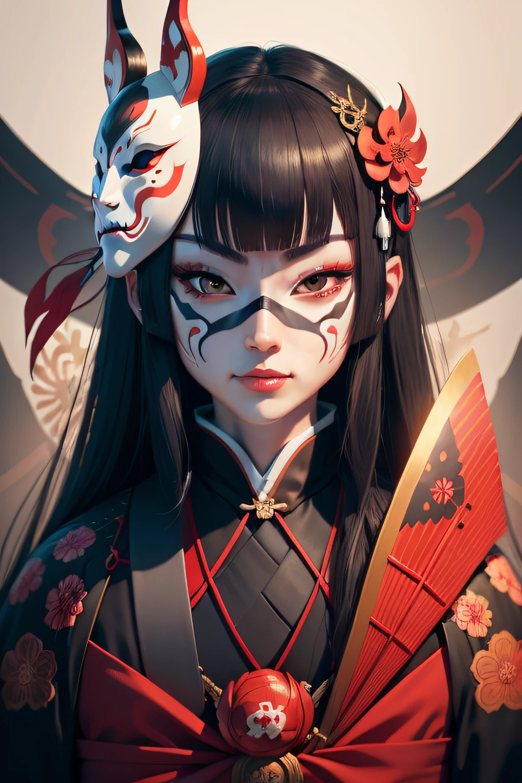 Portrait mask, illustrator, vector illustration, masterpiece, high quality, 8k, high resolution, high detail, japanese, onmyoji, (panru: 1.2), horror, evil, close-up, facing the audience, japanese pattern background