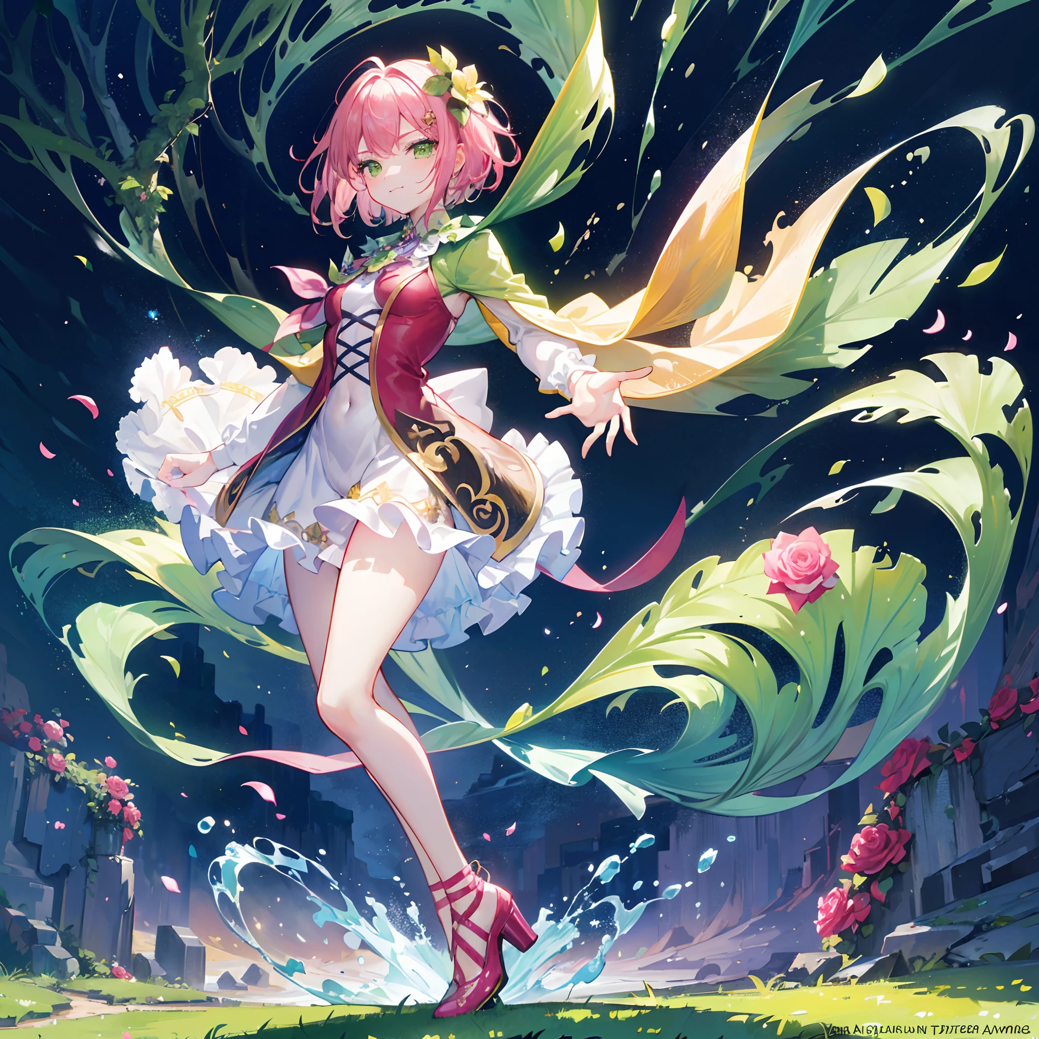 ((masterpiece, top quality,4K, best quality)), art, ((1MAN)), two side up, solo, :3, blush, expressive eyes, perfect face, cute,((velvet hair with yellow strands)), ((lime green eyes,plants outfit,leaves and flowers in outfit,green long feathery cape,rose and pink shoes,SHORT HAIR)), fullbody, full body, splash screen, (swirling background, dynamic scene),Plants vegetation and colorful flowers and roses in backround,super hero,dendro character,vines everywhere,controls vines and plants, genshin impact,fairy land backround, hair style,SMUG FACE,evil smile,stand,points the hand,outstanding pose,muscled man,abs,magical flowers and plants oround him,((SPLASH ART)).((MAN))