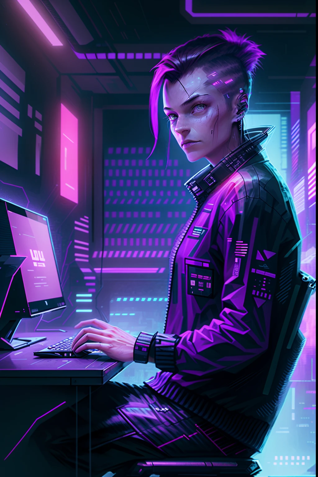 Cyberpunk theme , room background , single guy programming on a computer , purpleish theme back towards camera
