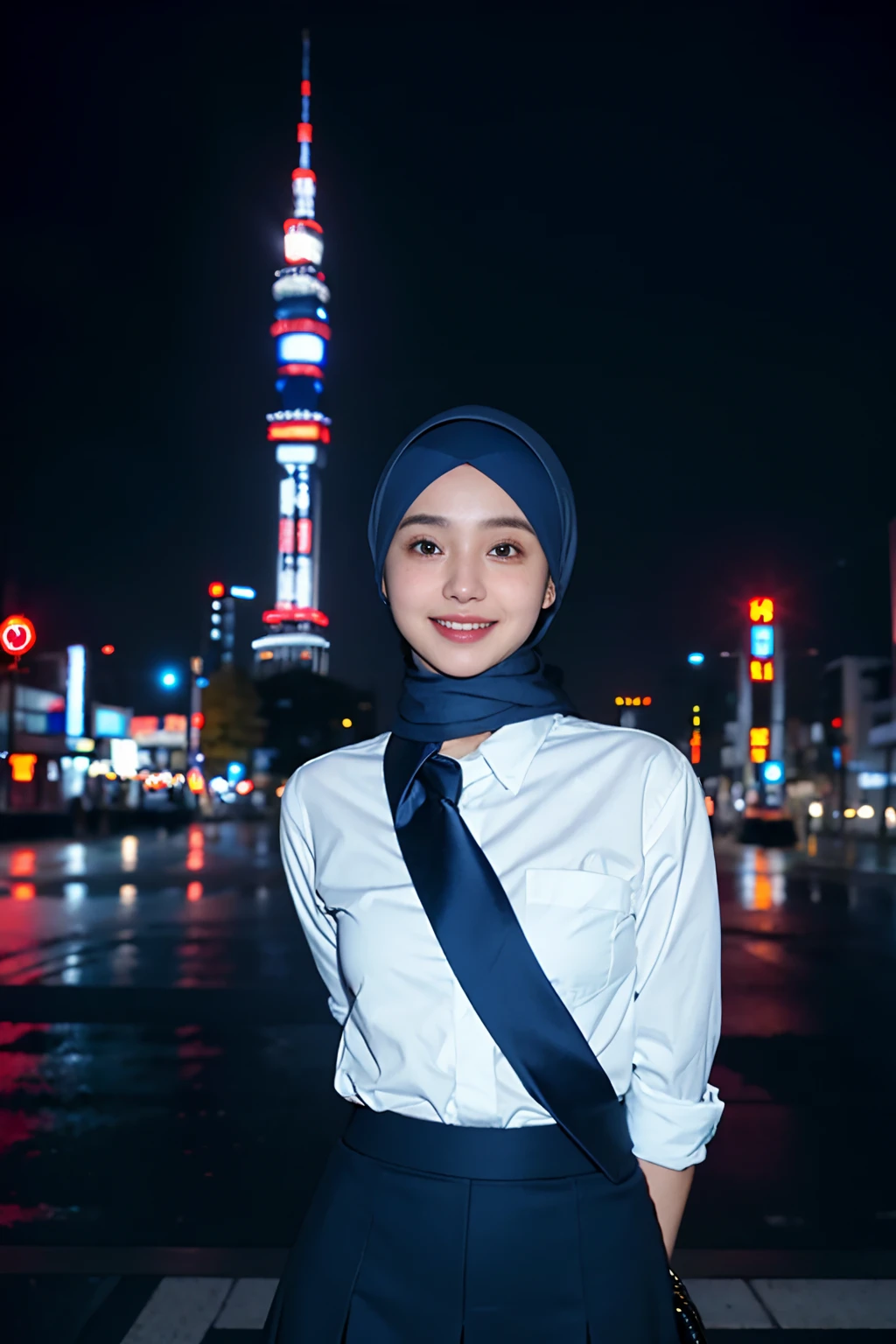 1girl, Tokyo street,night, cityscape,city lights, upper body,close-up, 8k, RAW photo, best quality, masterpiece,realistic, photo-realistic,wearing hijab, white shirt, blue tie, blue skirt,smile