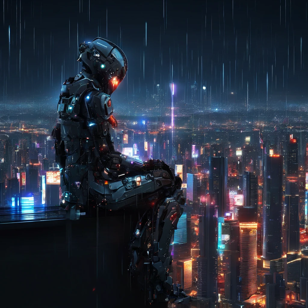 ((((((City at night with heavy rain))))))、overlooking a city, ((((((Sit on the edge of the rooftop)))))), Best Quality ,masutepiece, Illustration, extremely delicate and beautiful, Extremely detailed ,nffsw ,Unity ,8K Wallpaper, amazing, finely detail, masutepiece,Best Quality,Official art,Highly detailed ticker Unity 8k wallpaper,absurderes, unbelievable Ridiculous, Ultra-detailed, hight resolution, Extremely detailed,Beautiful detailed girl,Light on Face, 1girl in, mechs, metalic armor, Mechanical_Body, Spaceship, city, Cyberpunk, Star_skyporn,, Best Quality ,masutepiece, Illustration, extremely delicate and beautiful, Extremely detailed ,nffsw ,Unity ,8K Wallpaper, amazing, finely detail, masutepiece,Best Quality,Official art,Highly detailed ticker Unity 8k wallpaper,absurderes, unbelievable Ridiculous, Ultra-detailed, hight resolution, Extremely detailed,Beautiful detailed girl,Light on Face, 1girl in, mechs, Red armor, Mechanical_Body, Black hair, Spaceship, city, Cyberpunk, Star_skyporn,