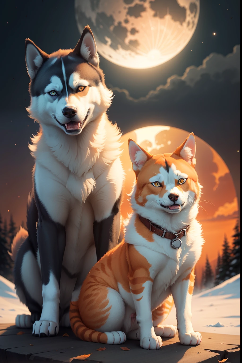 A husky and an orange cat in the moonlight