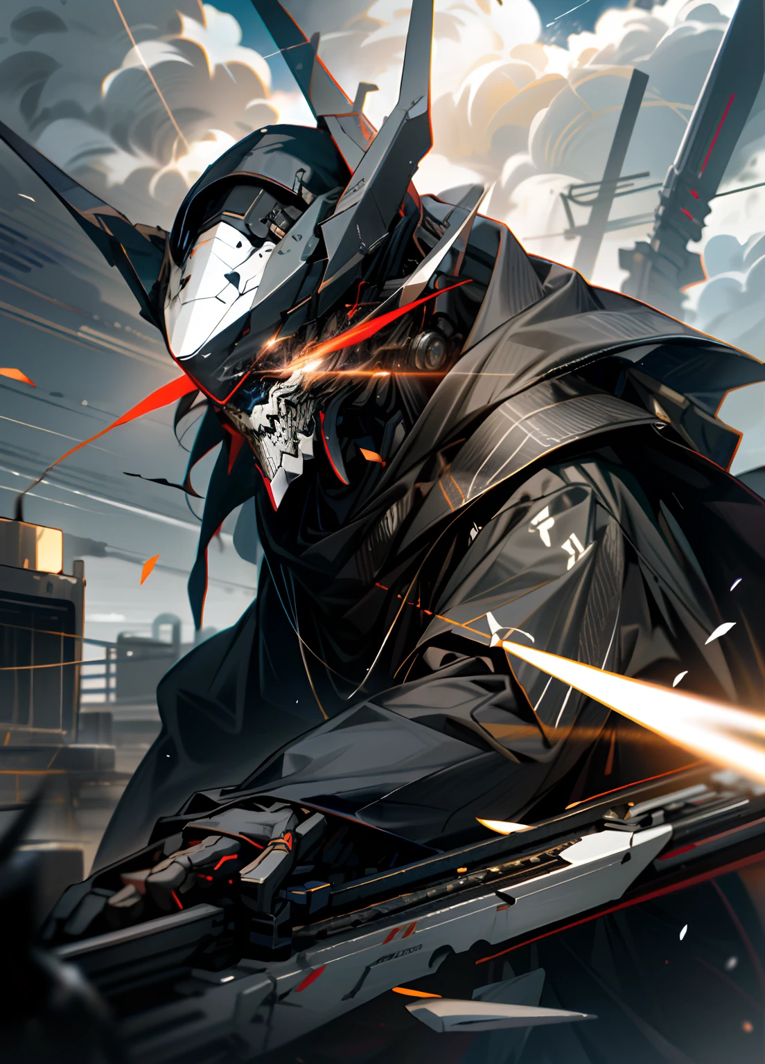 Skysky,clouds,Humanity,with light glowing,,Reload the bot,buliding,Glowing_Eyes,Reload mechs,scientific fiction,abyssal,Realistis,Weapons are anchors,Cross mask