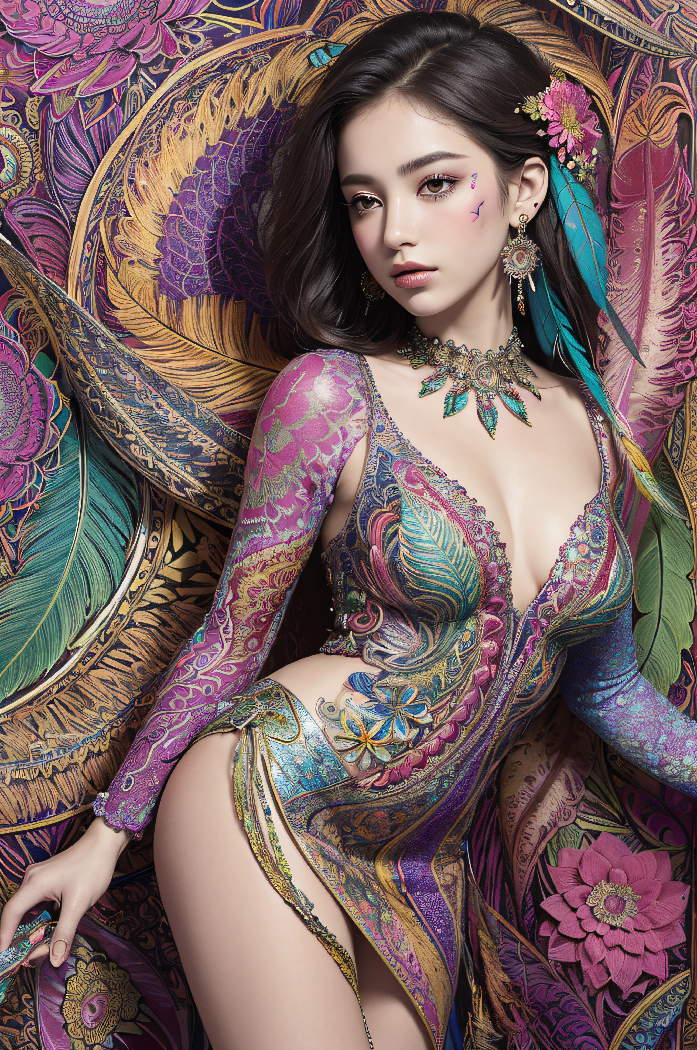 (masterpiece, top quality, best quality, official art, beautiful and aesthetic:1.2), (1girl:1.3), extremely detailed,(fractal art:1.1),(colorful:1.1)(flowers:1.3),highest detailed,(zentangle:1.2), full body, (abstract background:1.3), (shiny skin), (many colors:1.4), ,(earrings), (feathers:1.5),