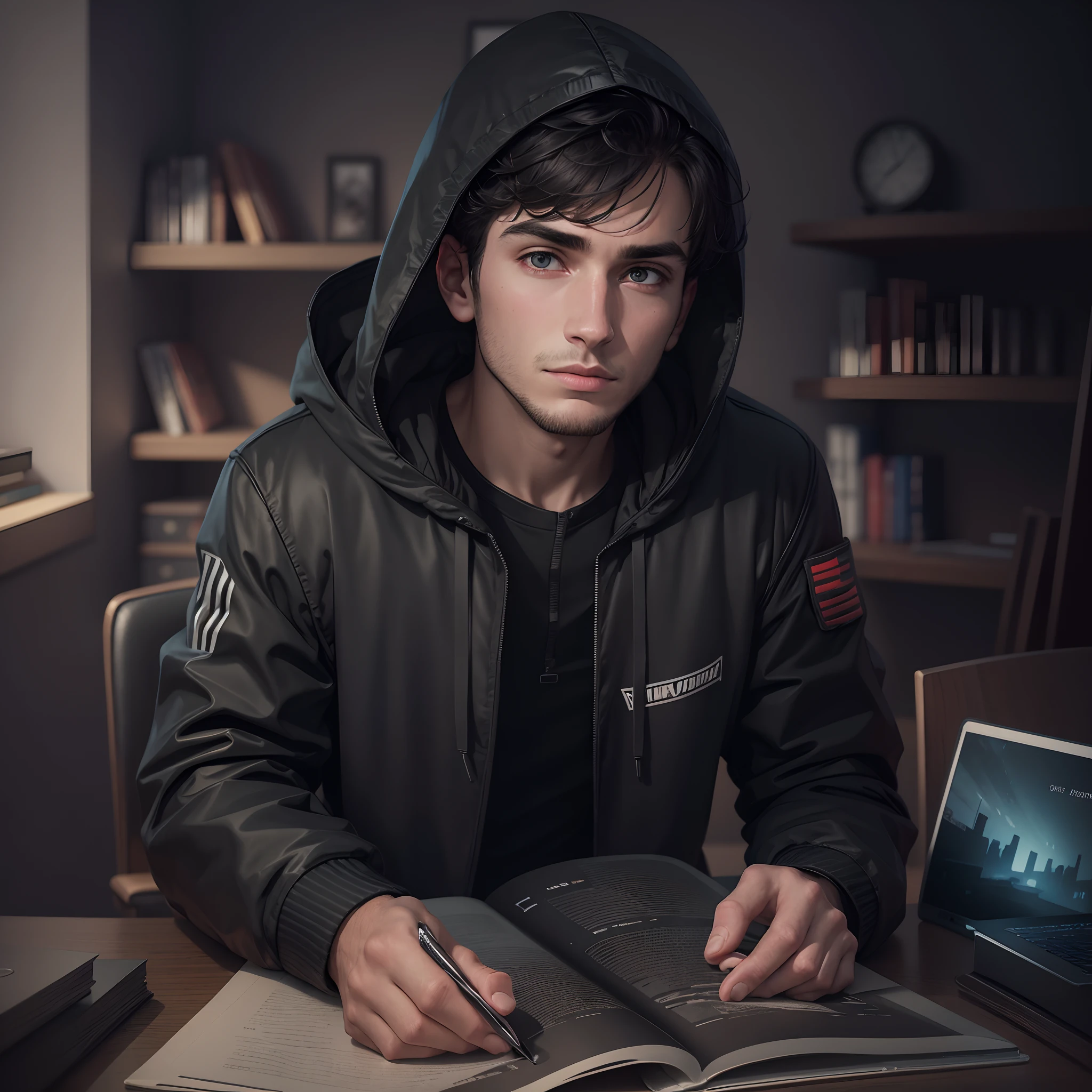 25-year-old man in dark blue jacket with hooded face sitting facing the observer with the background of a room with a bookshelf and an ultra-realistic 4K computer --auto --s2