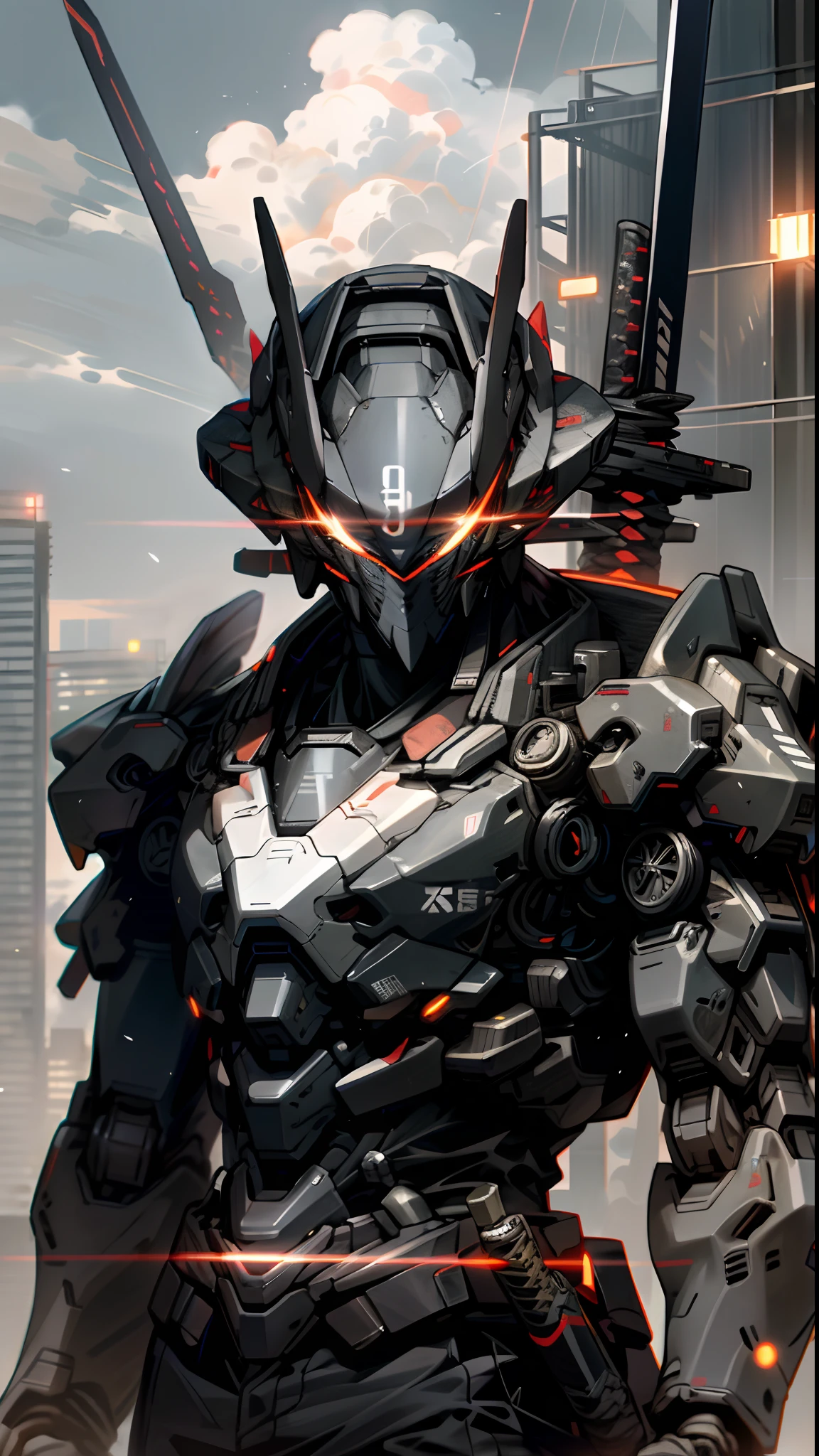 Skyscraper night sky, Cloud, Holding_arma, No_Humanity, Glow, Ninja robot, architecture, Science fiction, urban, Reality Upper body straight forward Glowing body Glowing red eyes holding a sword(Tachi weapons) a broad shouldered --v6